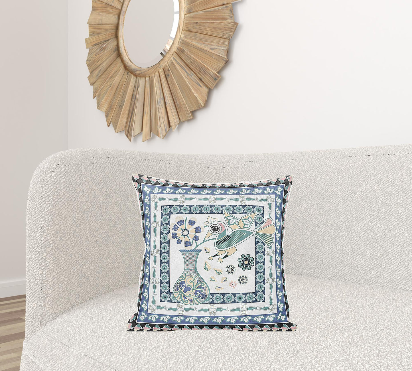 20" X 20" Blue and White Peacock Broadcloth Floral Zippered Pillow