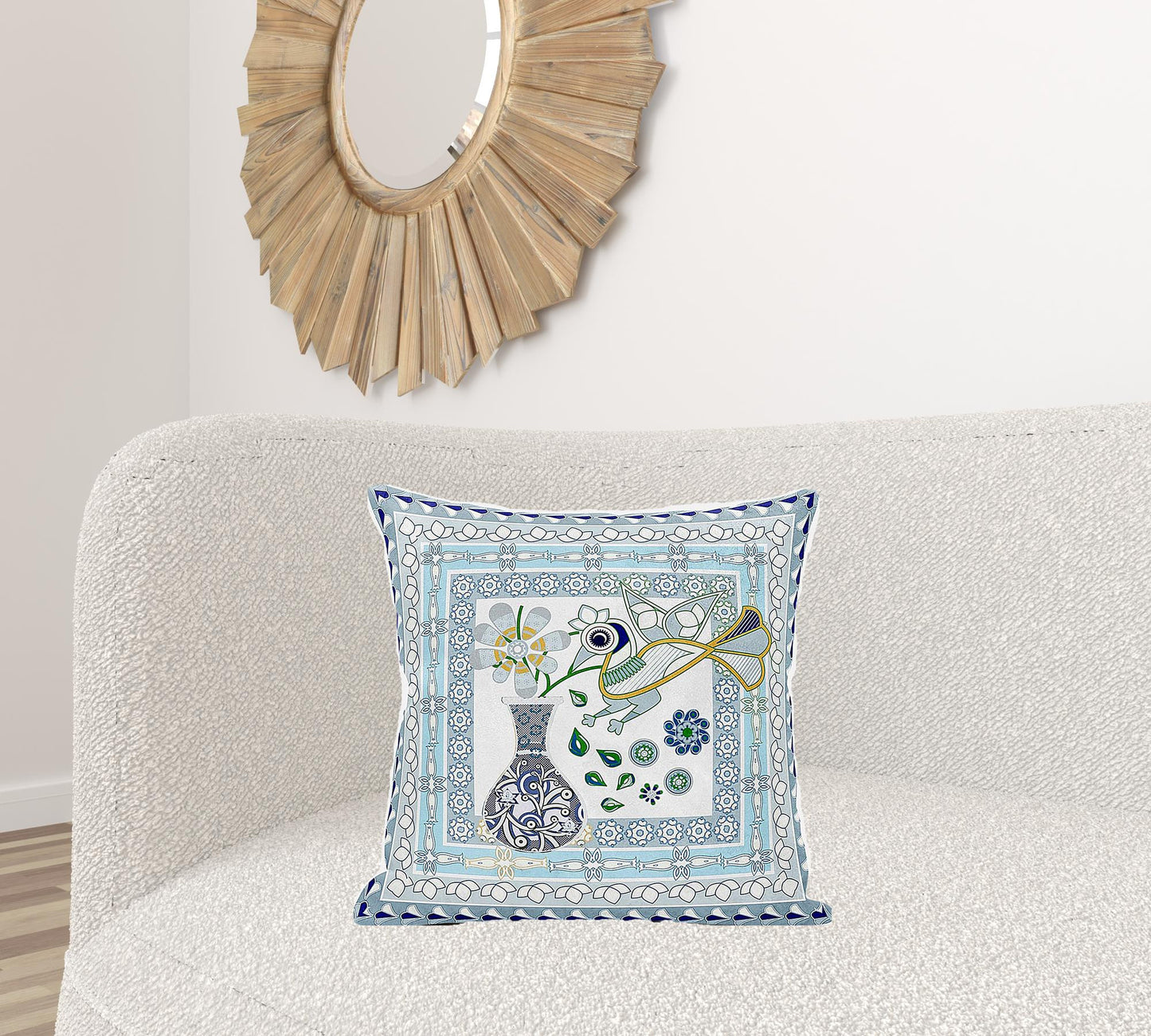 20" X 20" Gray and White Peacock Broadcloth Floral Zippered Pillow