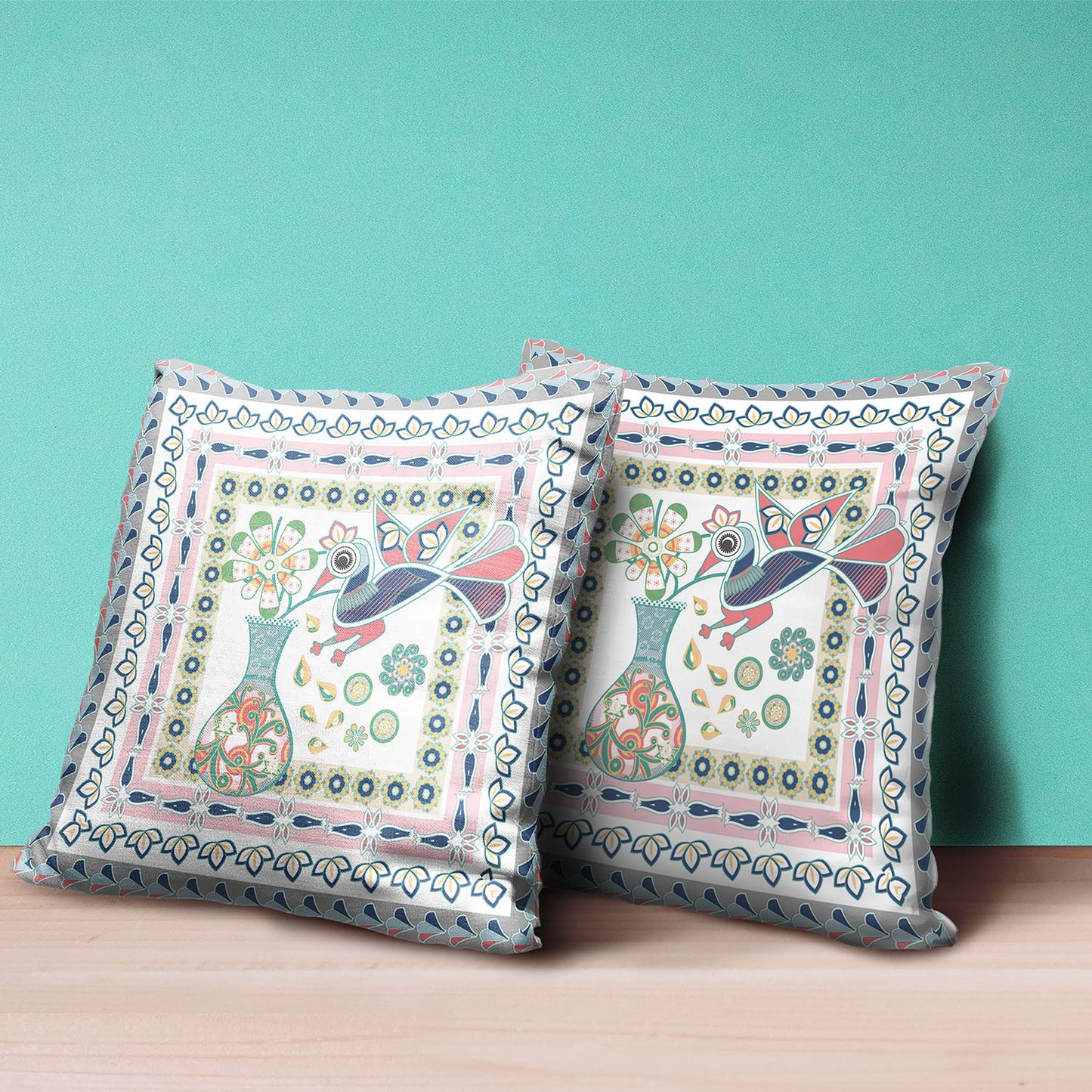 16" X 16" Pink and White Peacock Broadcloth Floral Zippered Pillow