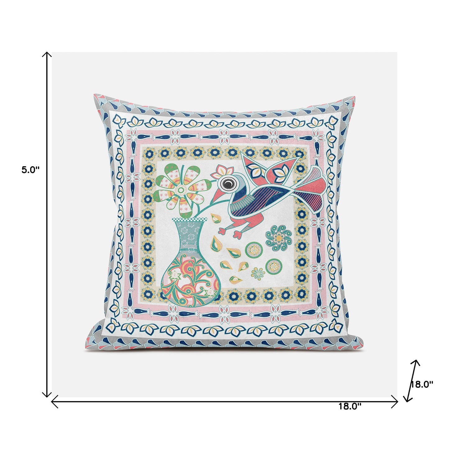 18" X 18" Pink and White Peacock Broadcloth Floral Zippered Pillow