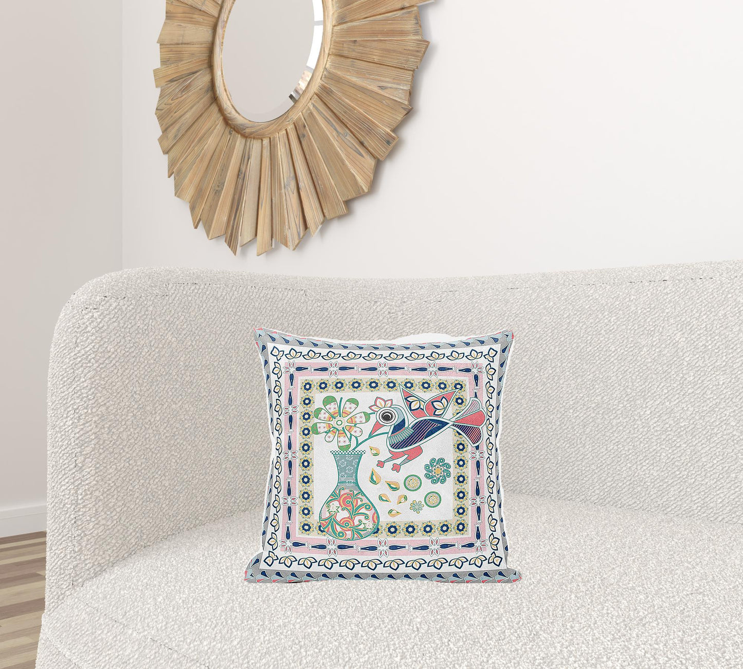 18" X 18" Pink and White Peacock Broadcloth Floral Zippered Pillow