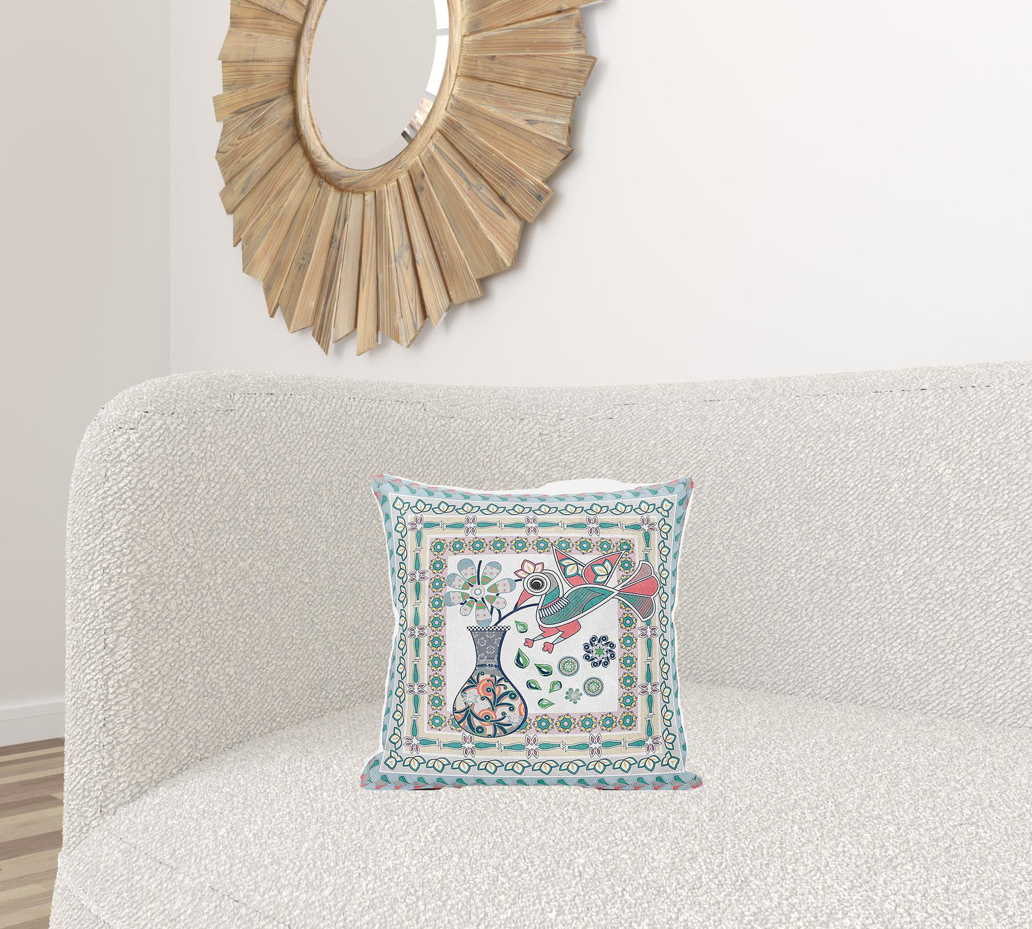16" X 16" Pink and White Peacock Broadcloth Floral Zippered Pillow