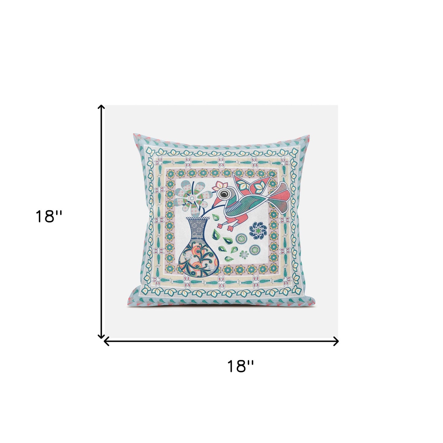 18" X 18" Pink and White Peacock Broadcloth Floral Zippered Pillow