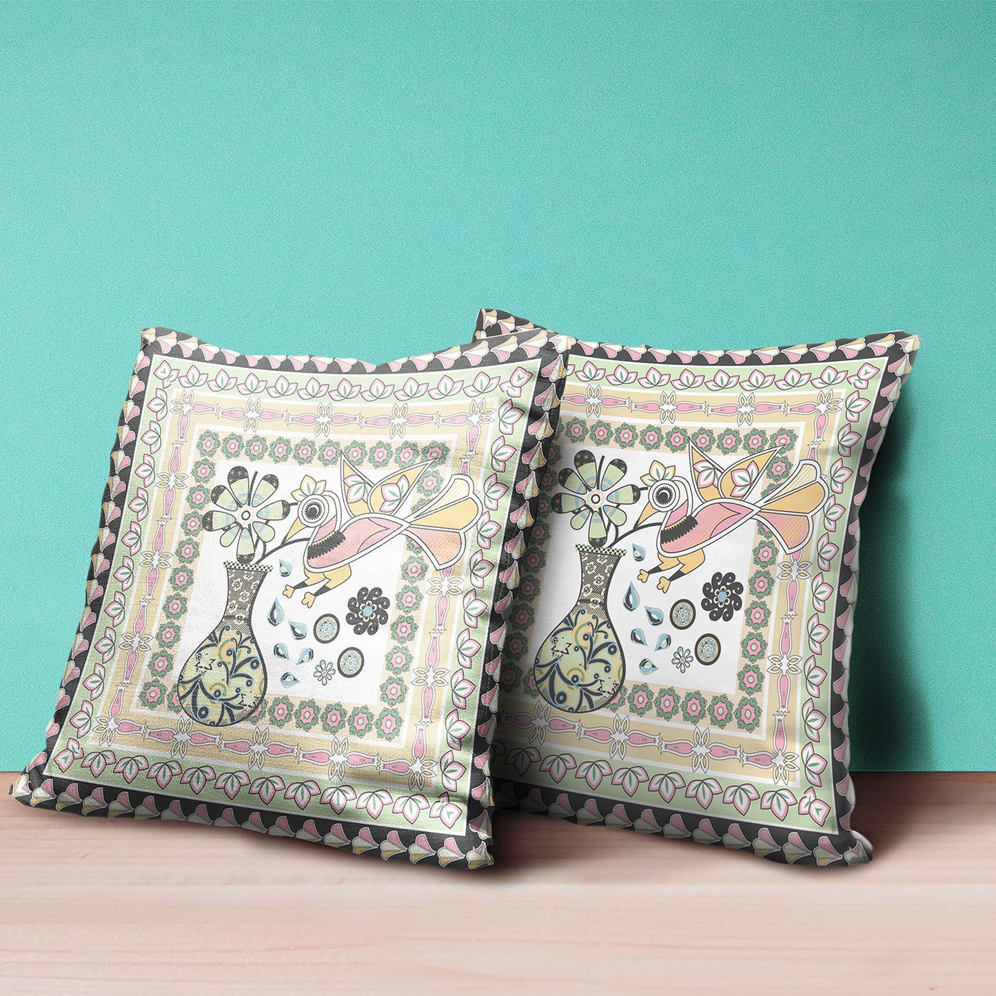 16" X 16" Pink and White Peacock Broadcloth Floral Zippered Pillow