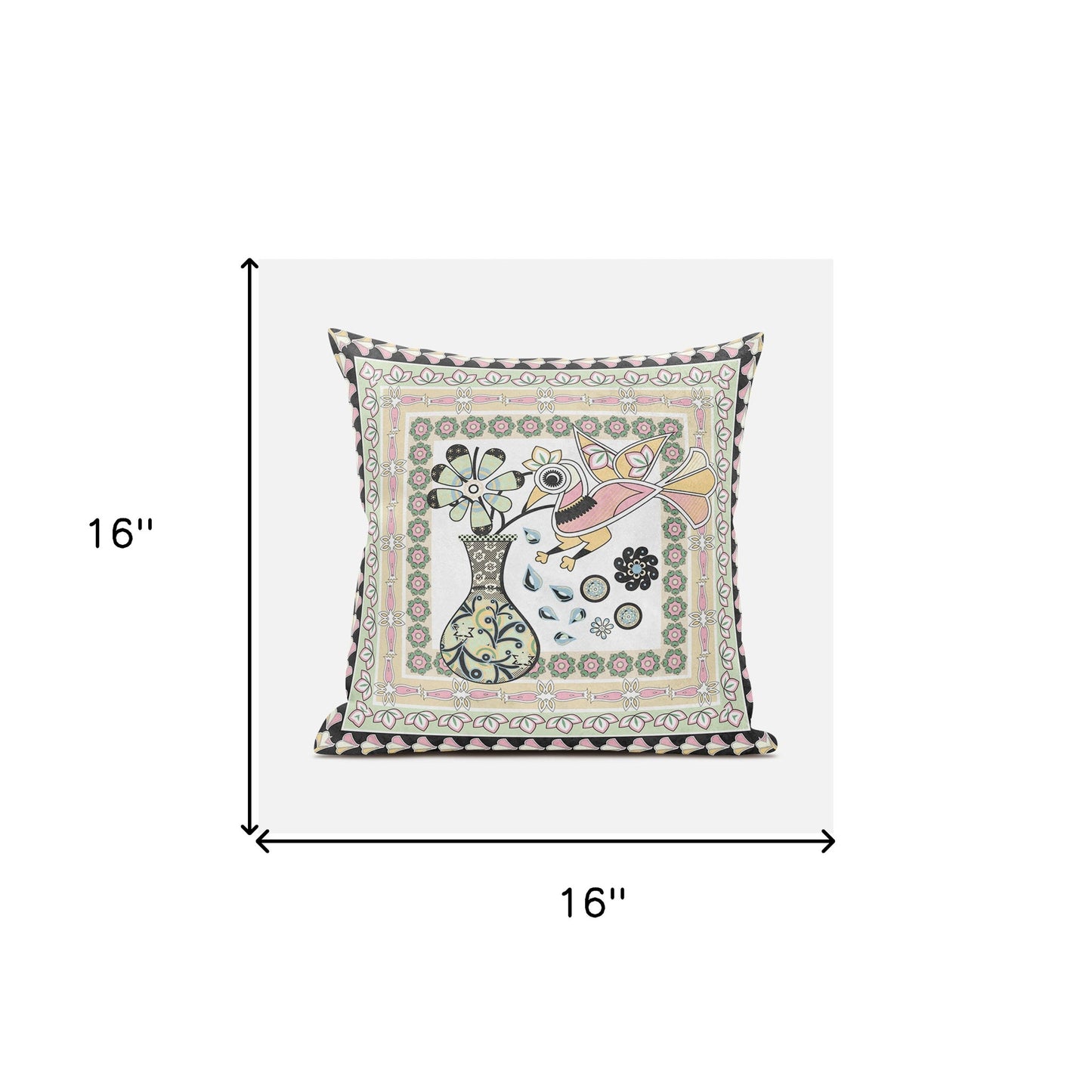 16" X 16" Pink and White Peacock Broadcloth Floral Zippered Pillow