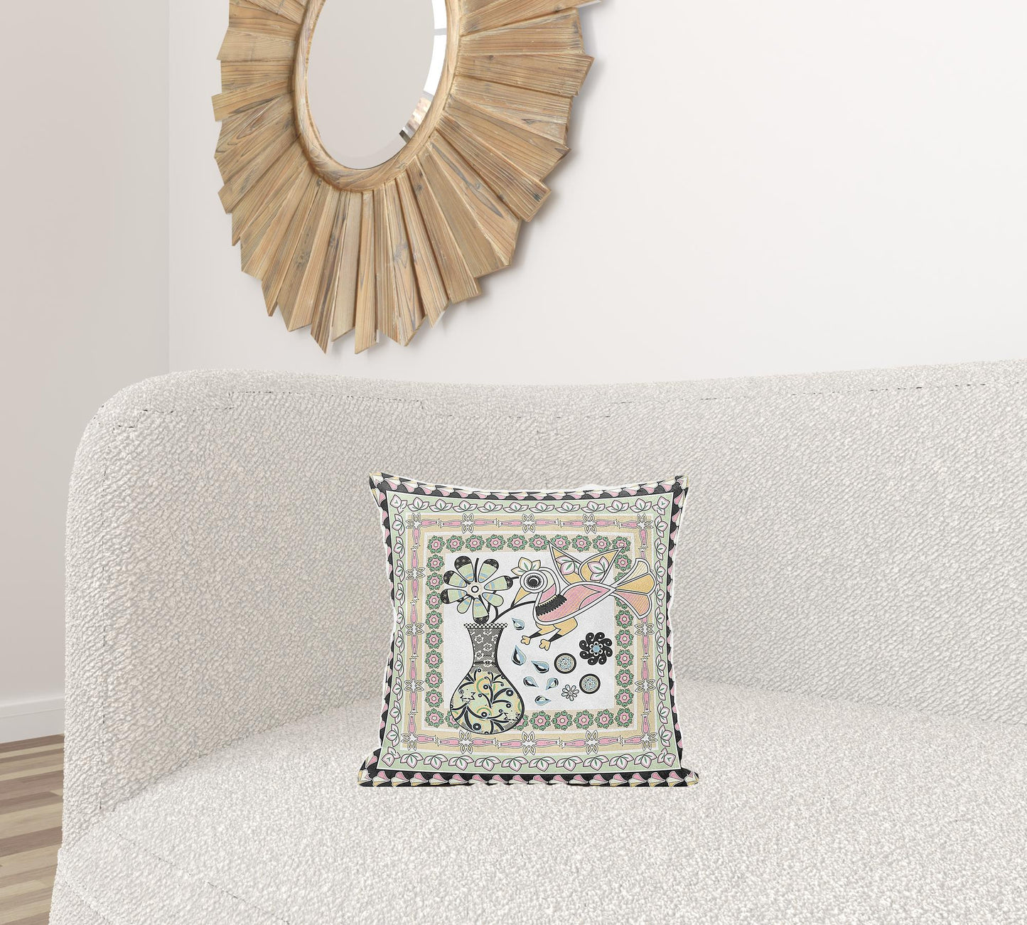 16" X 16" Pink and White Peacock Broadcloth Floral Zippered Pillow