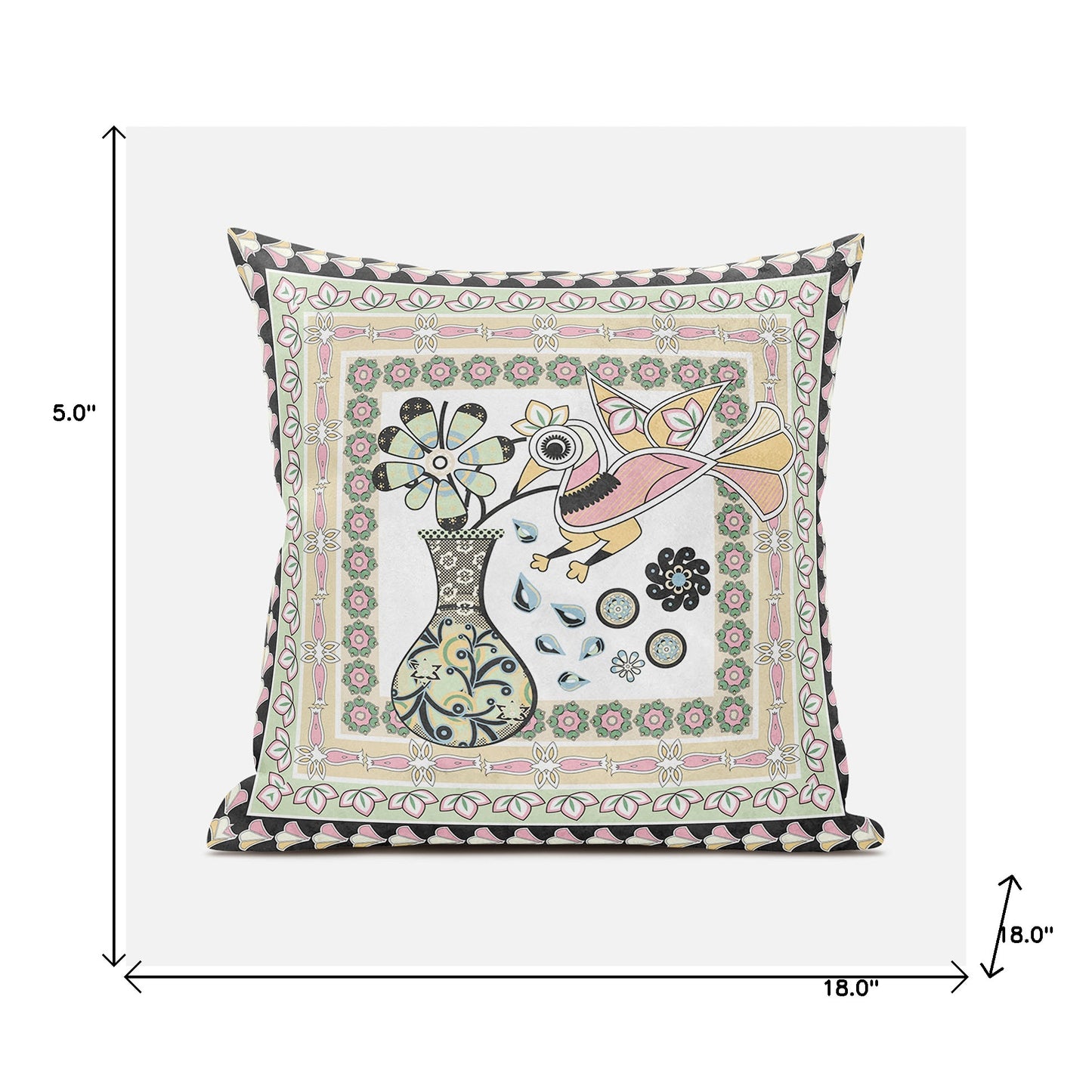 18" X 18" Pink and White Peacock Broadcloth Floral Zippered Pillow