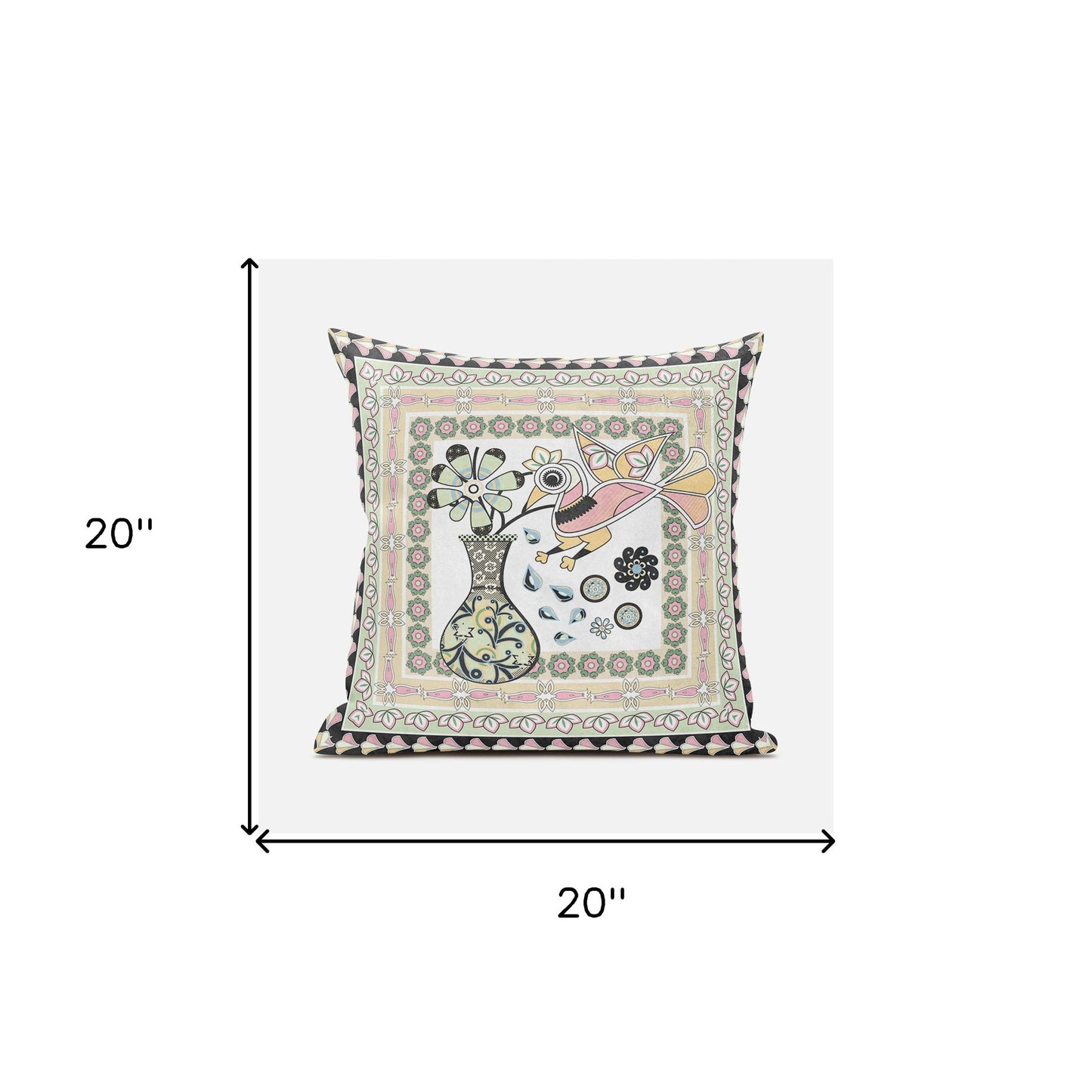 20" X 20" Pink and White Peacock Broadcloth Floral Zippered Pillow