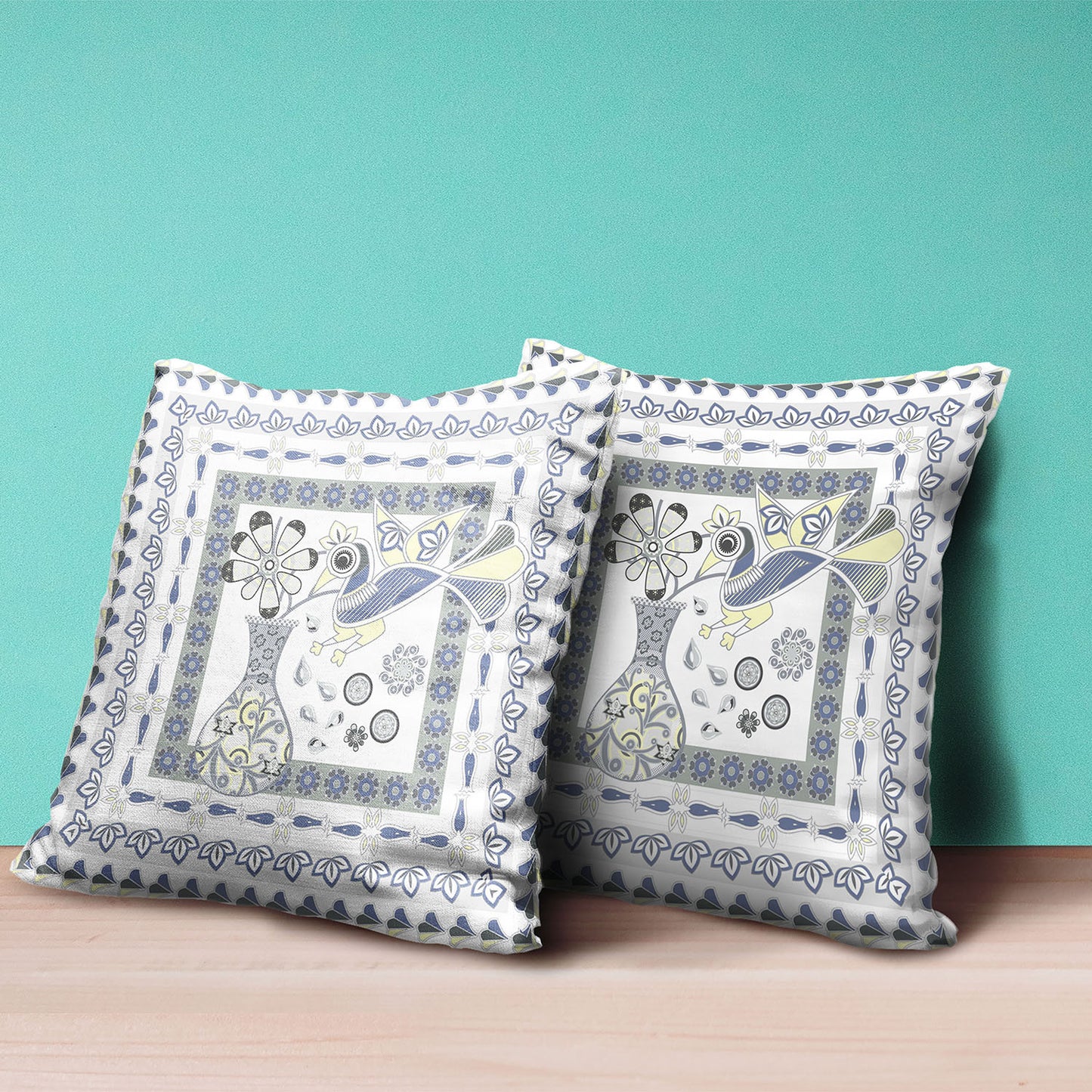 18" X 18" Gray and Yellow Peacock Broadcloth Floral Zippered Pillow