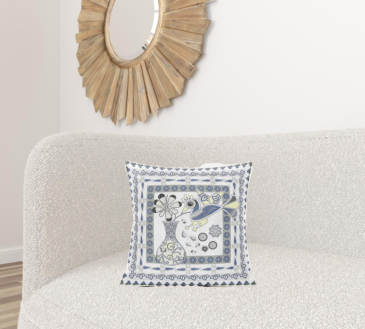18" X 18" Gray and Yellow Peacock Broadcloth Floral Zippered Pillow