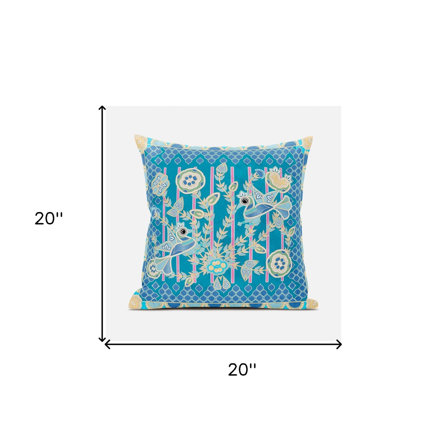 20" X 20" Blue and Gold Peacock Broadcloth Floral Zippered Pillow