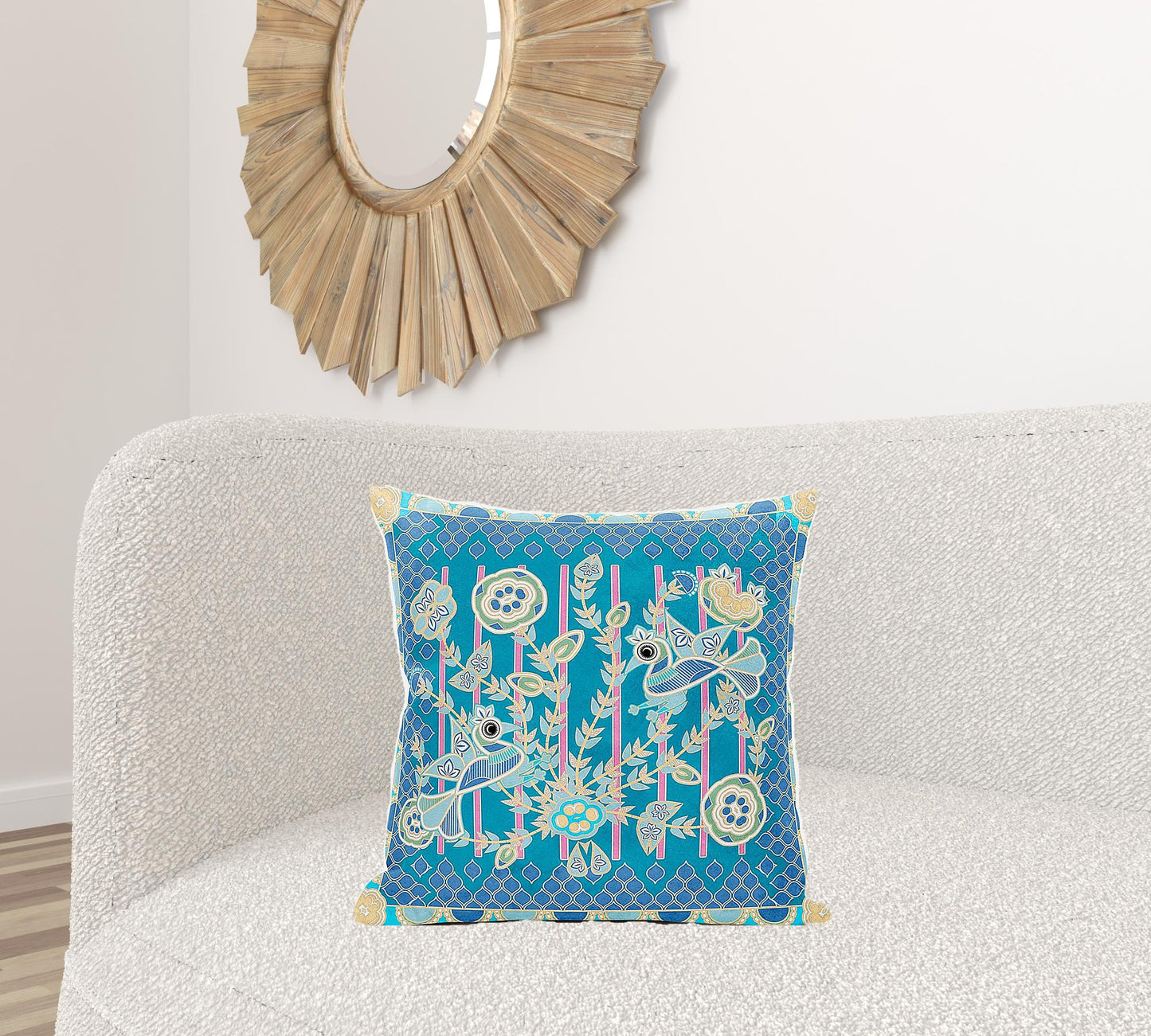 20" X 20" Blue and Gold Peacock Broadcloth Floral Zippered Pillow
