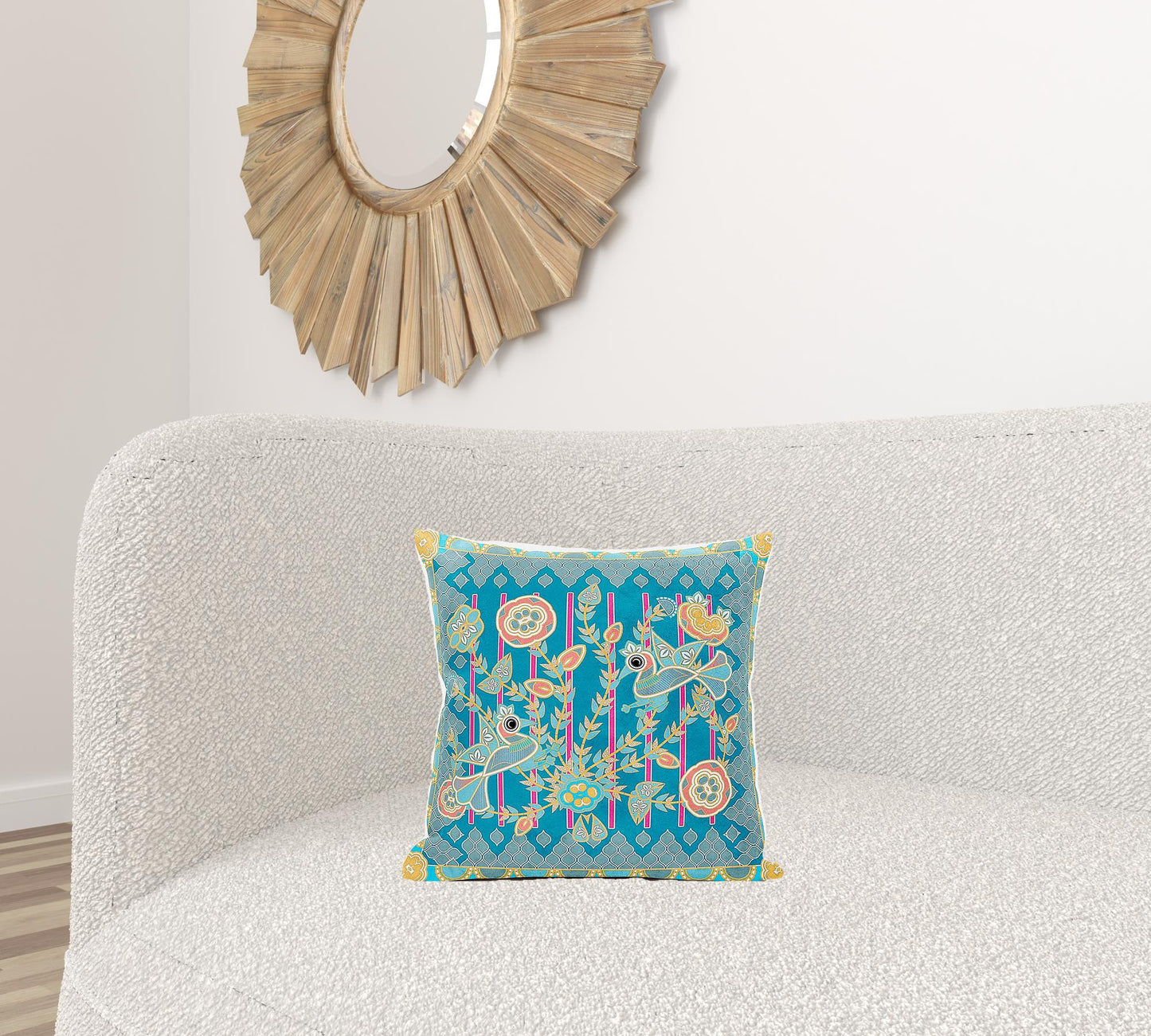 16" X 16" Blue and Gold Peacock Broadcloth Floral Zippered Pillow
