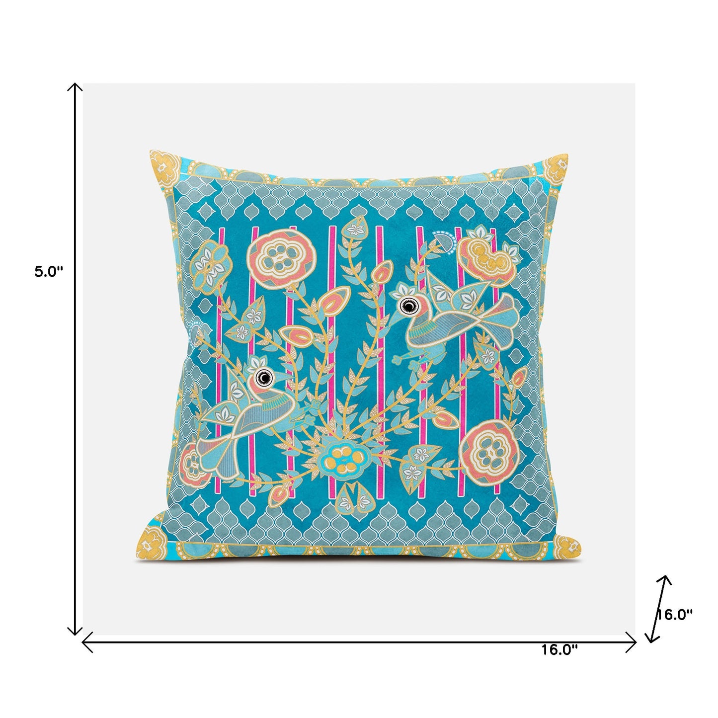 16" X 16" Blue and Gold Peacock Broadcloth Floral Zippered Pillow