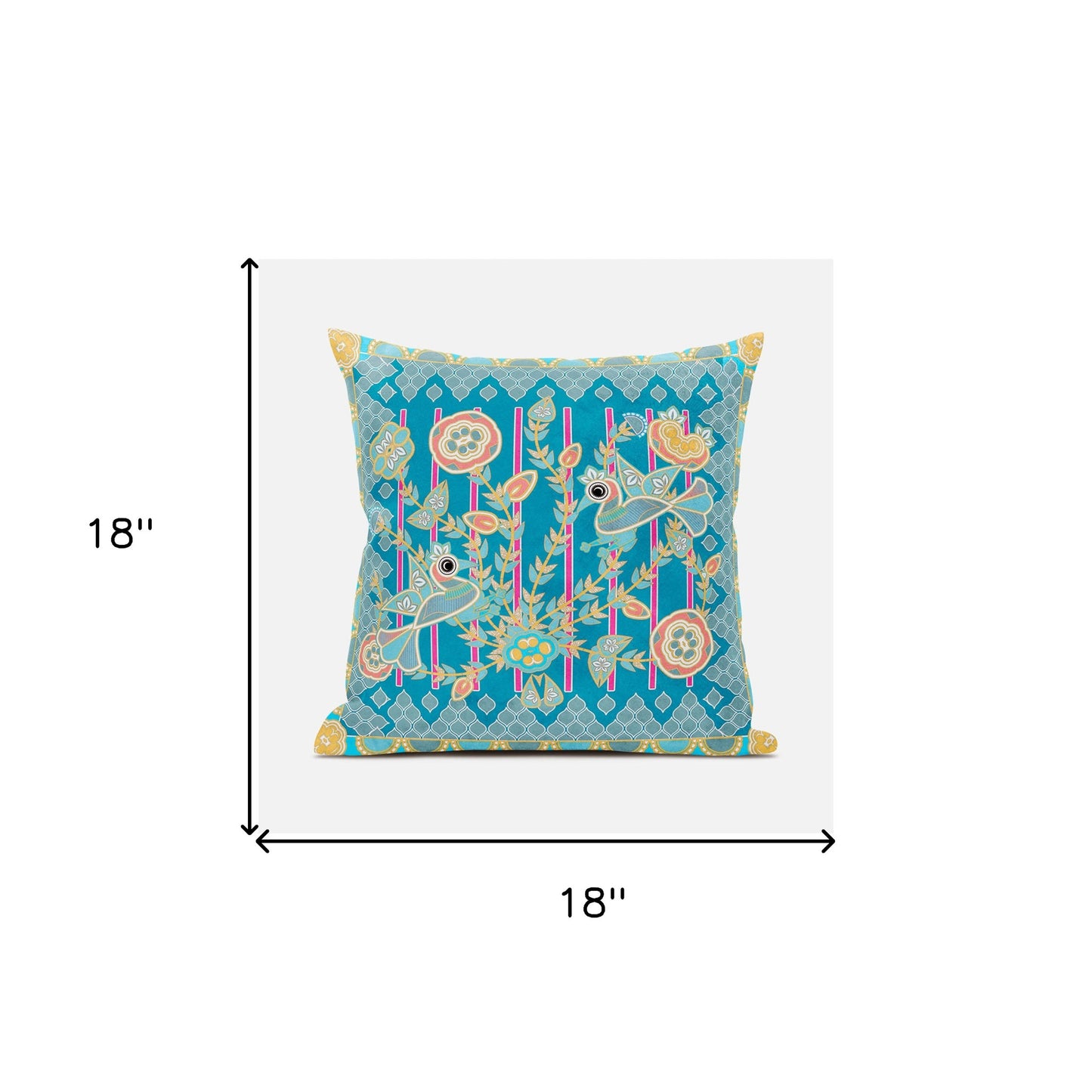 18" X 18" Blue and Gold Peacock Broadcloth Floral Zippered Pillow