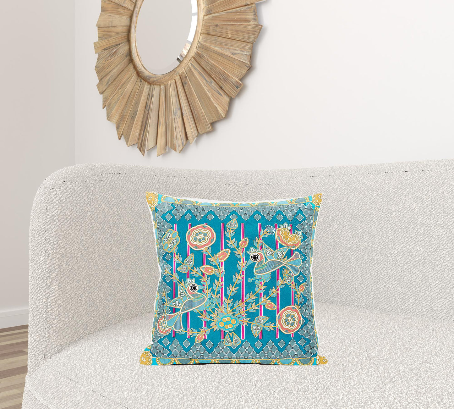 20" X 20" Blue and Gold Peacock Broadcloth Floral Zippered Pillow