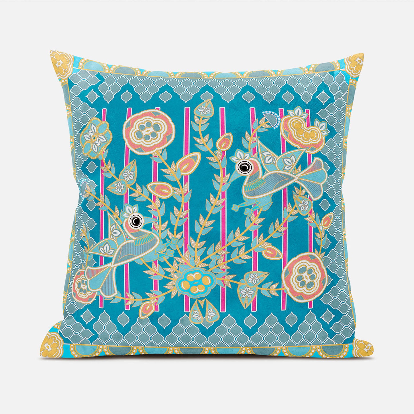 20" X 20" Blue and Gold Peacock Broadcloth Floral Zippered Pillow