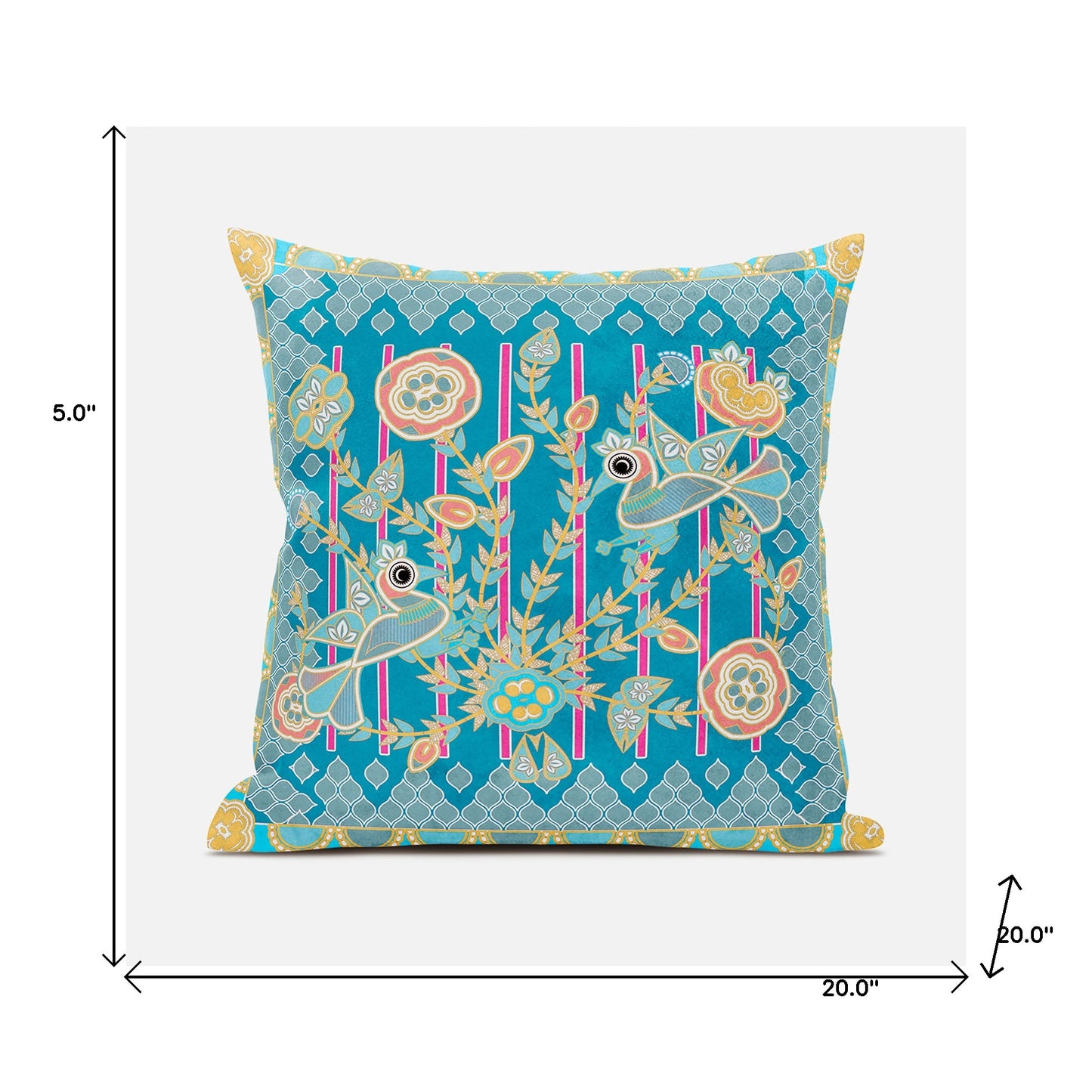 20" X 20" Blue and Gold Peacock Broadcloth Floral Zippered Pillow