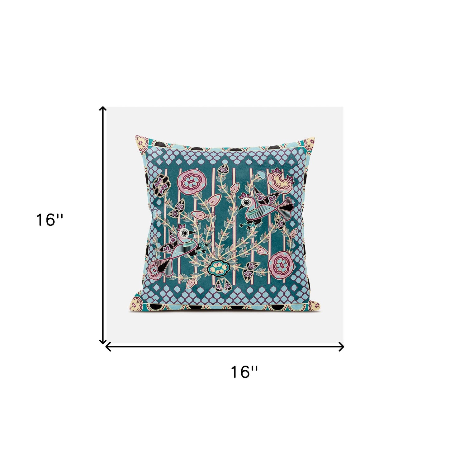 16" X 16" Pink and Green Peacock Broadcloth Floral Zippered Pillow