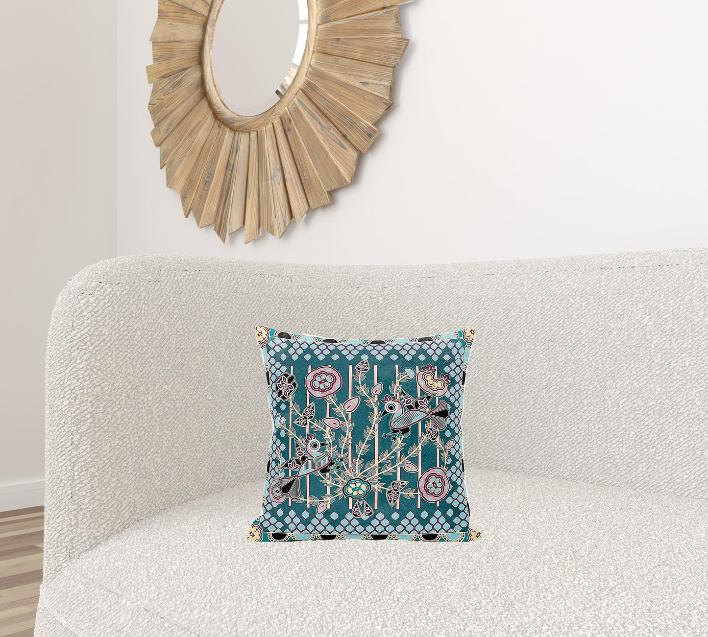 16" X 16" Pink and Green Peacock Broadcloth Floral Zippered Pillow