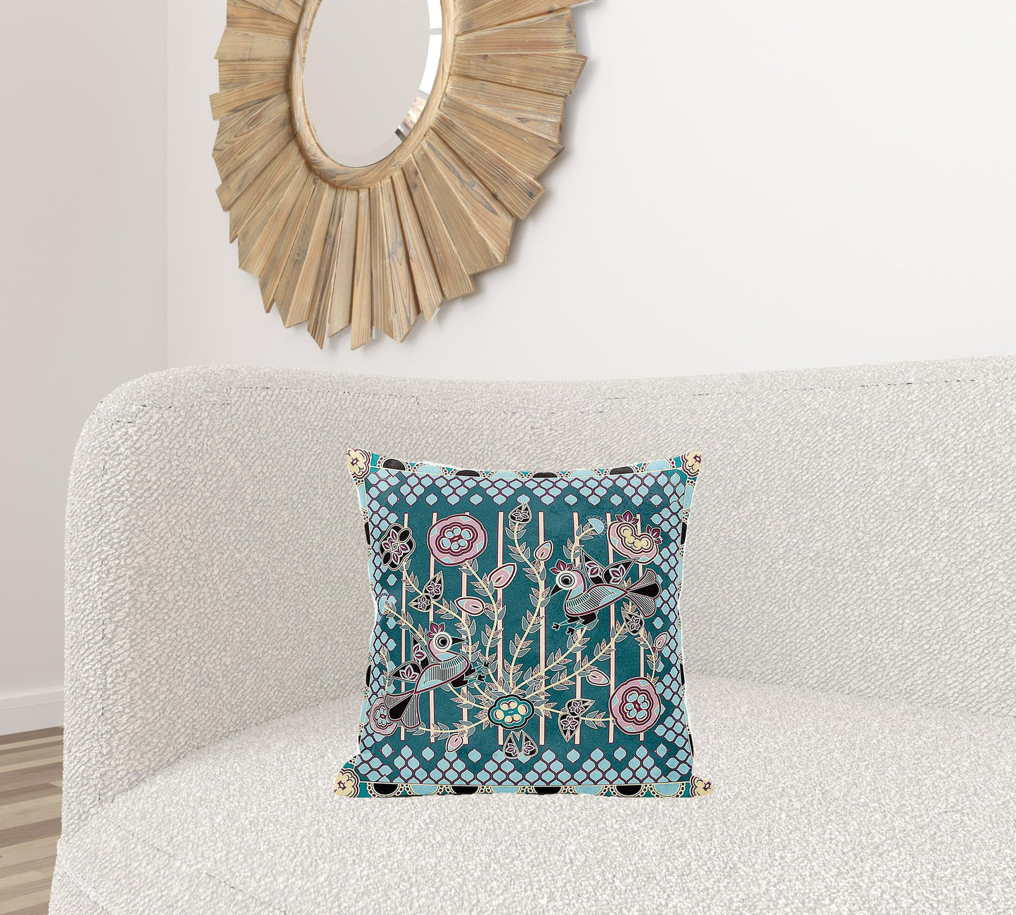 18" X 18" Pink and Green Peacock Broadcloth Floral Zippered Pillow