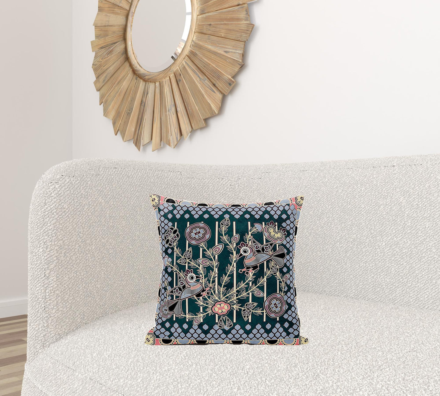 18" X 18" Blue and Green Peacock Broadcloth Floral Zippered Pillow