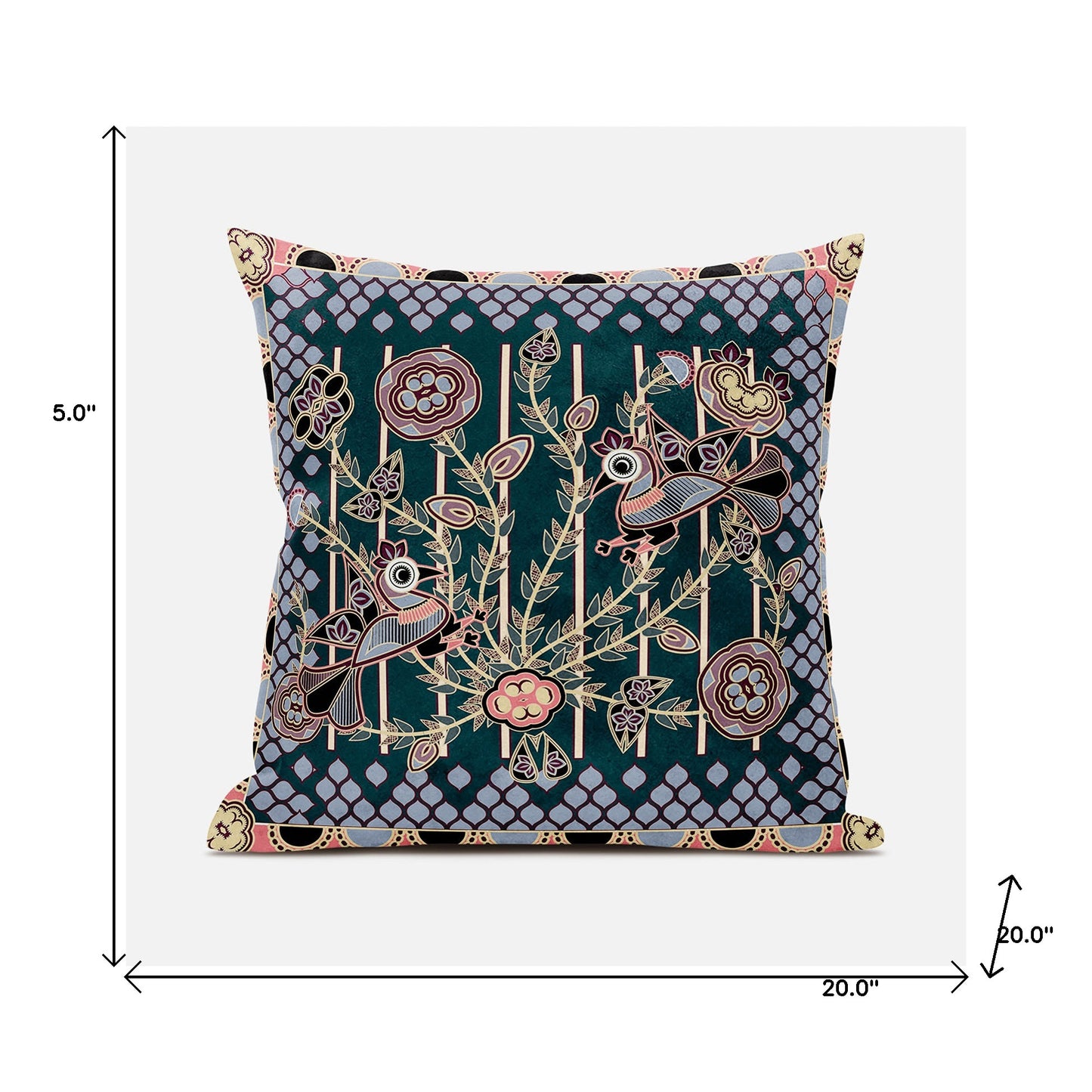 20" X 20" Blue and Green Peacock Broadcloth Floral Zippered Pillow