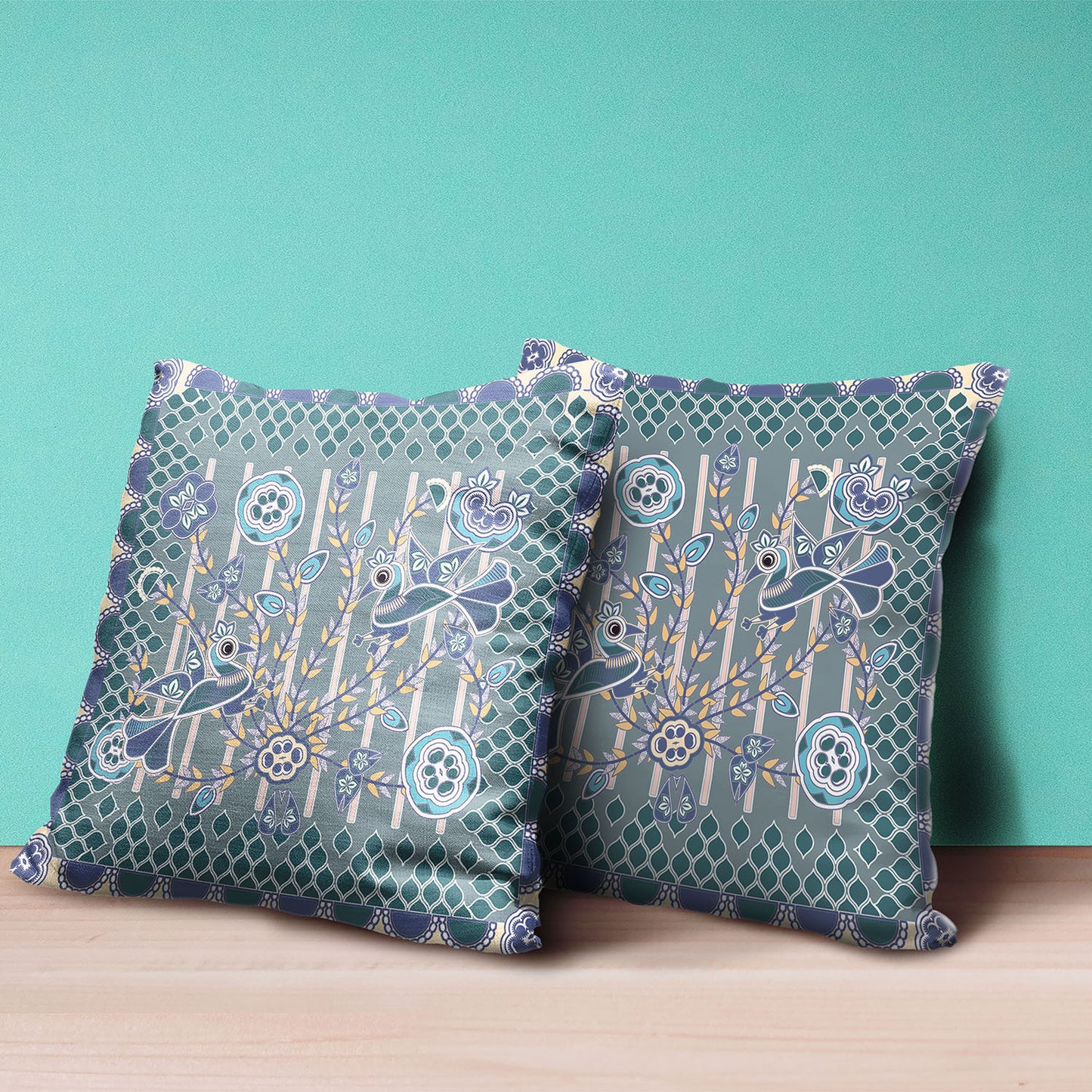18" X 18" Blue and Gray Peacock Broadcloth Floral Zippered Pillow