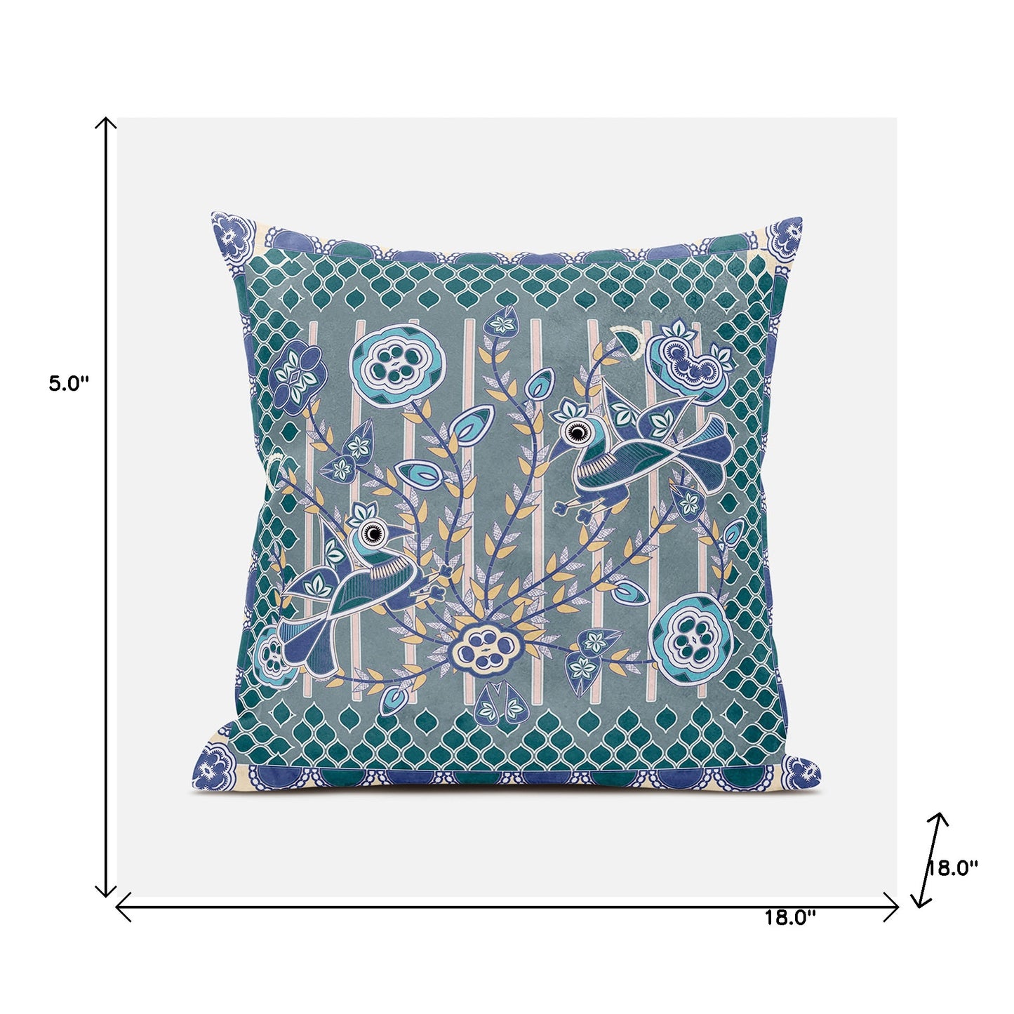 18" X 18" Blue and Gray Peacock Broadcloth Floral Zippered Pillow