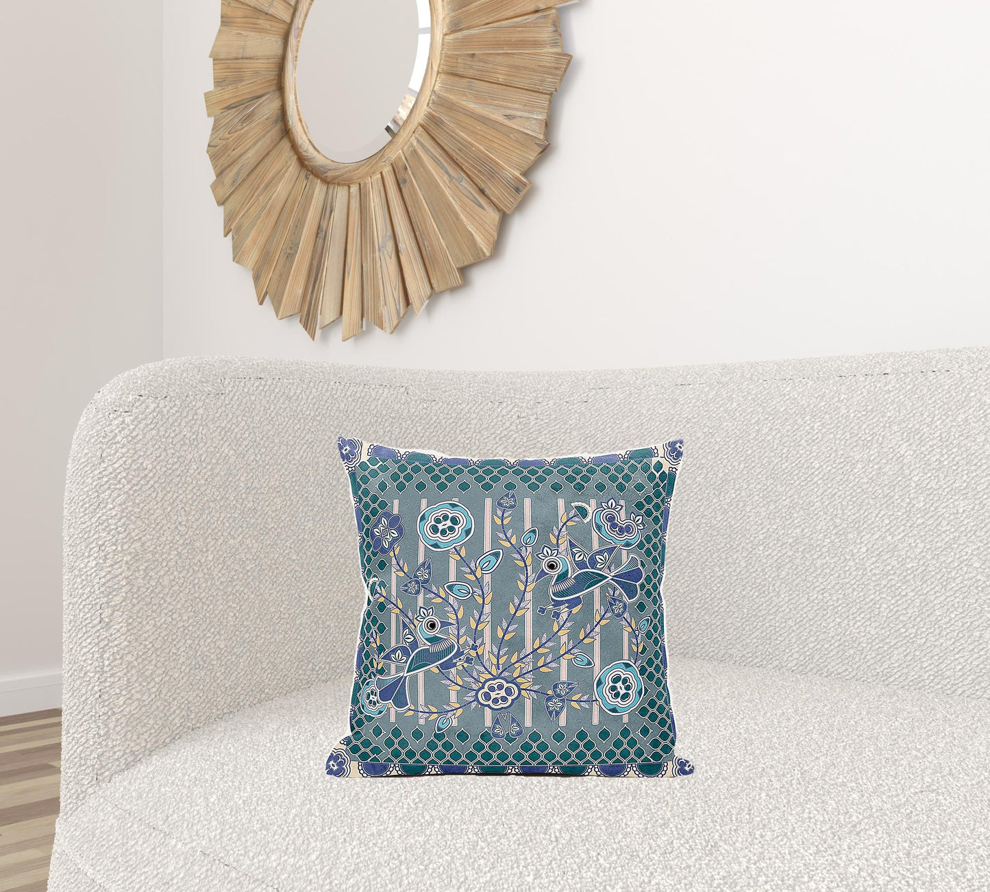 18" X 18" Blue and Gray Peacock Broadcloth Floral Zippered Pillow