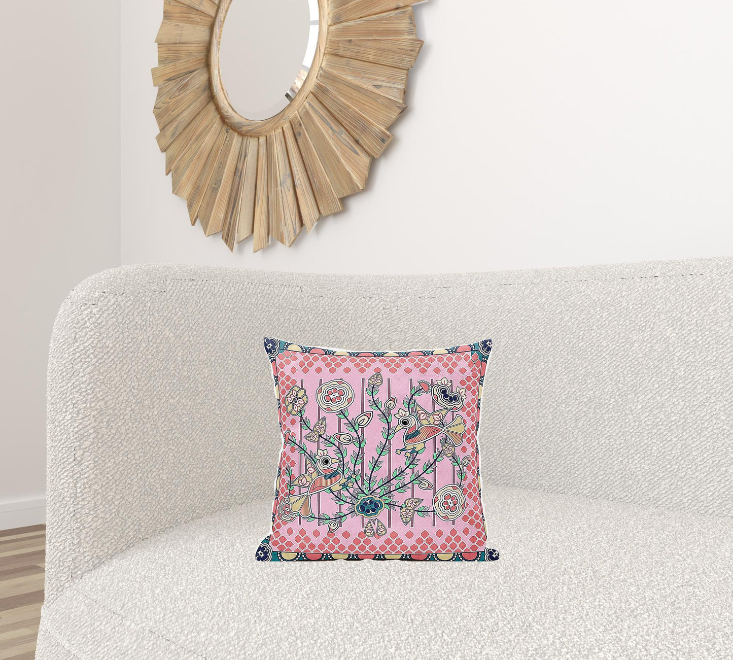 16" X 16" Yellow and Peach Peacock Broadcloth Floral Zippered Pillow