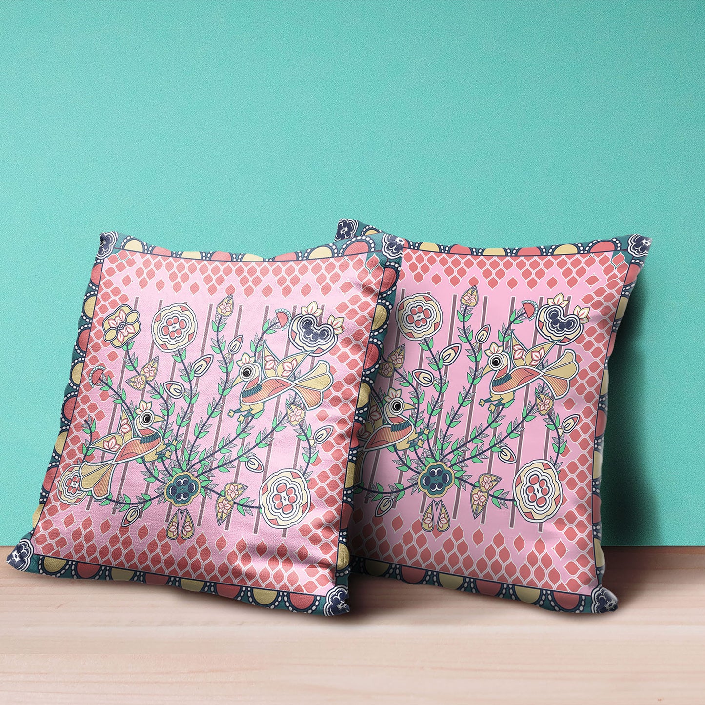 18" X 18" Yellow and Peach Peacock Broadcloth Floral Zippered Pillow