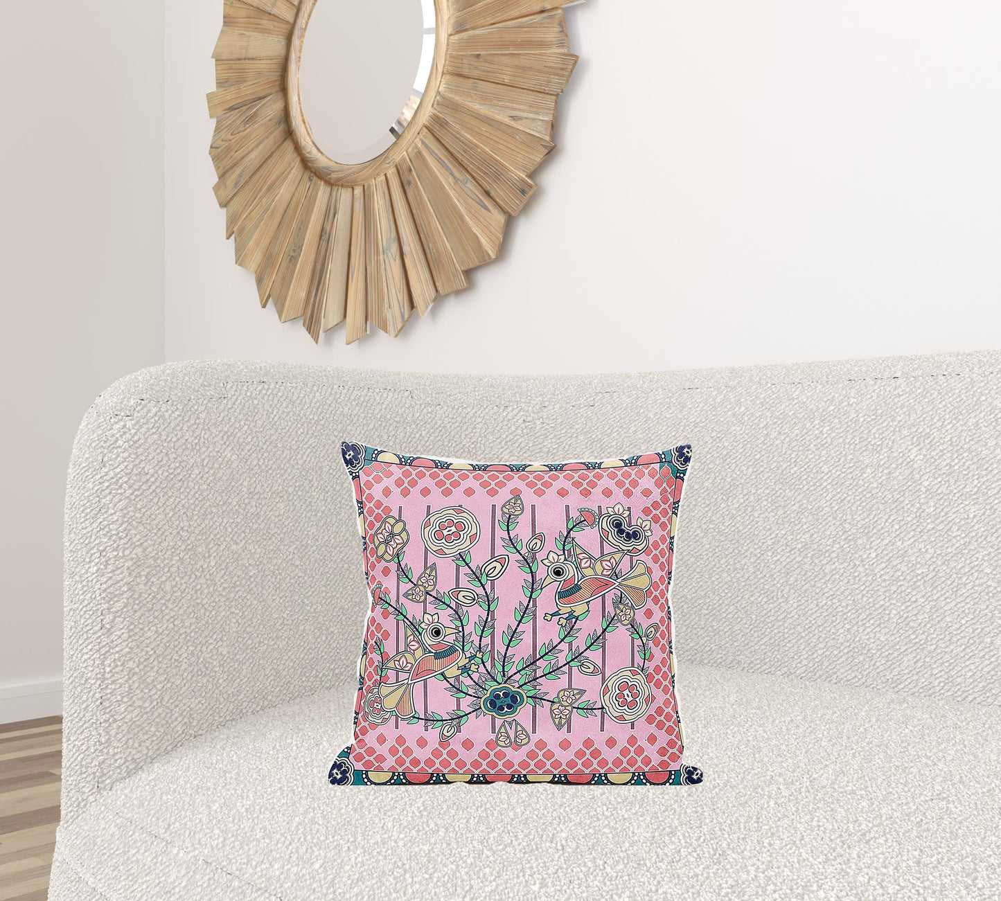 18" X 18" Yellow and Peach Peacock Broadcloth Floral Zippered Pillow