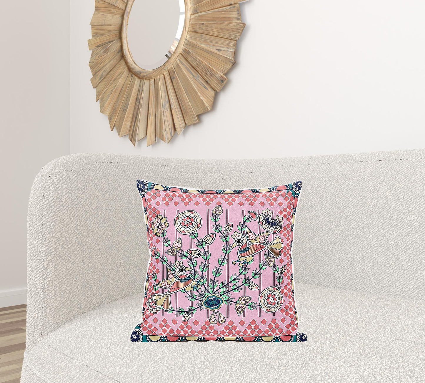 20" X 20" Yellow and Peach Peacock Broadcloth Floral Zippered Pillow