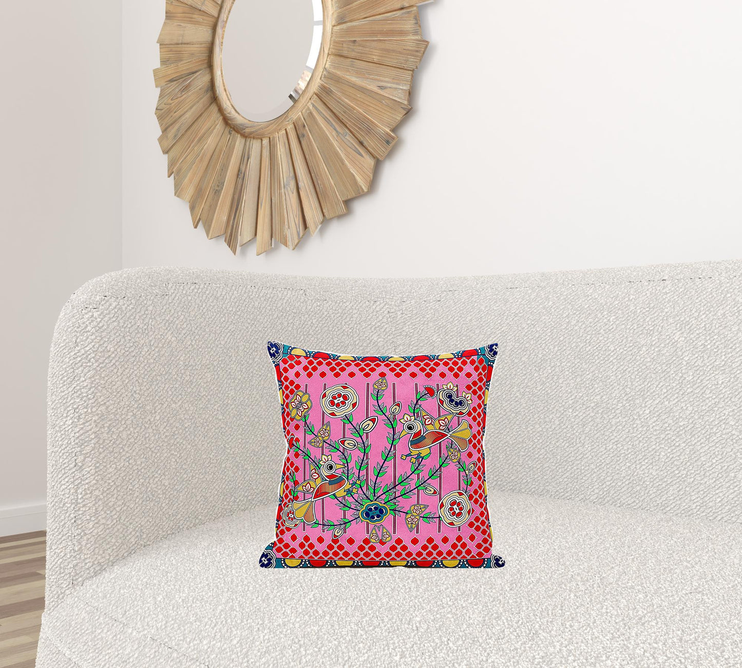 16" X 16" Red and Pink Peacock Broadcloth Floral Zippered Pillow
