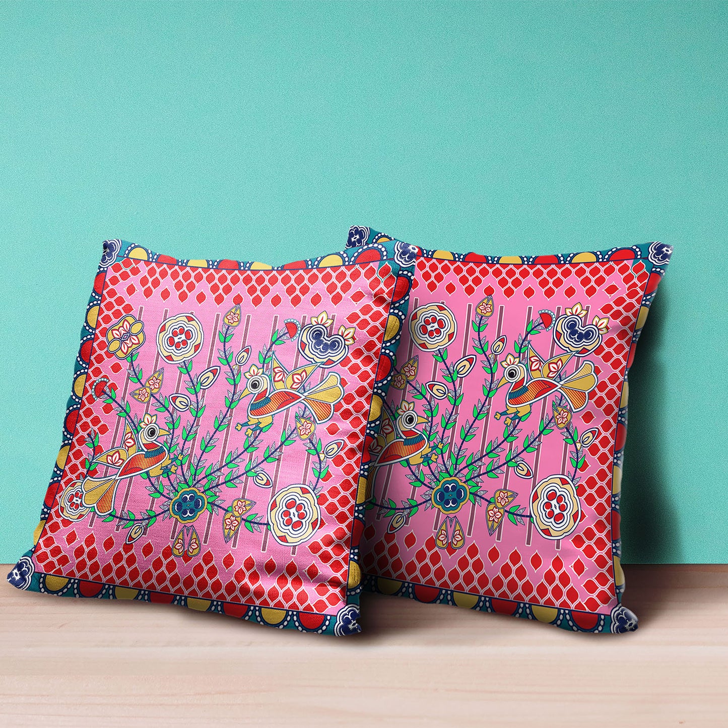 18" X 18" Red and Pink Peacock Broadcloth Floral Zippered Pillow