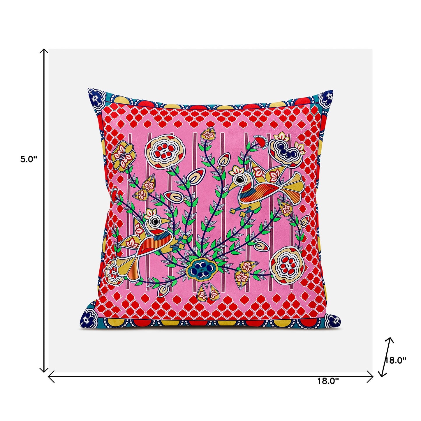 18" X 18" Red and Pink Peacock Broadcloth Floral Zippered Pillow