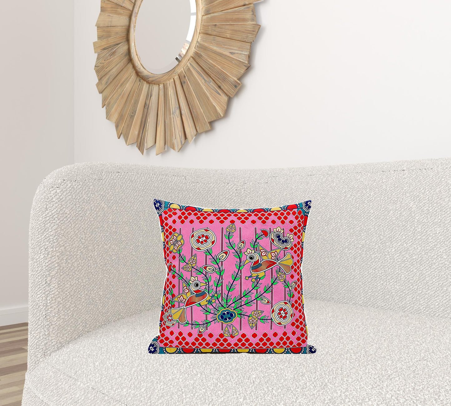18" X 18" Red and Pink Peacock Broadcloth Floral Zippered Pillow