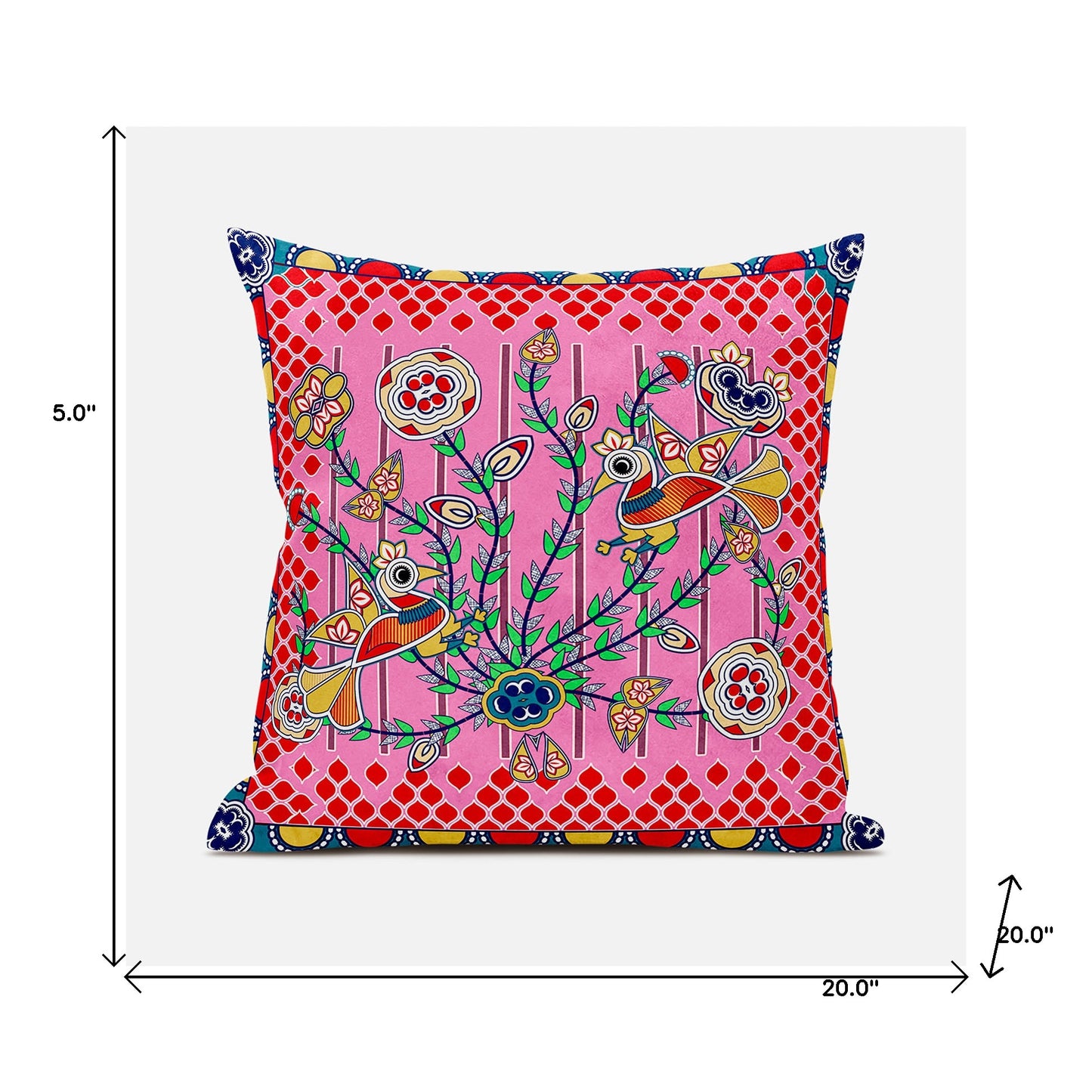 20" X 20" Red and Pink Peacock Broadcloth Floral Zippered Pillow