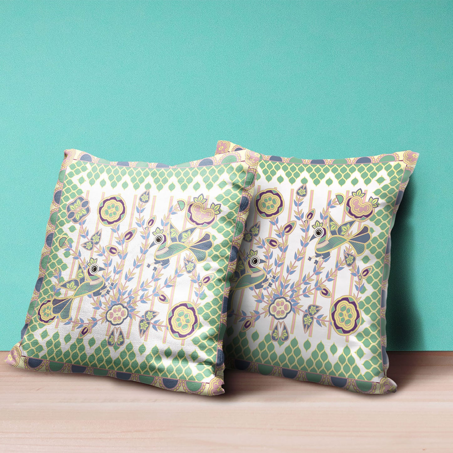 16" X 16" Green and Yellow Peacock Broadcloth Floral Zippered Pillow