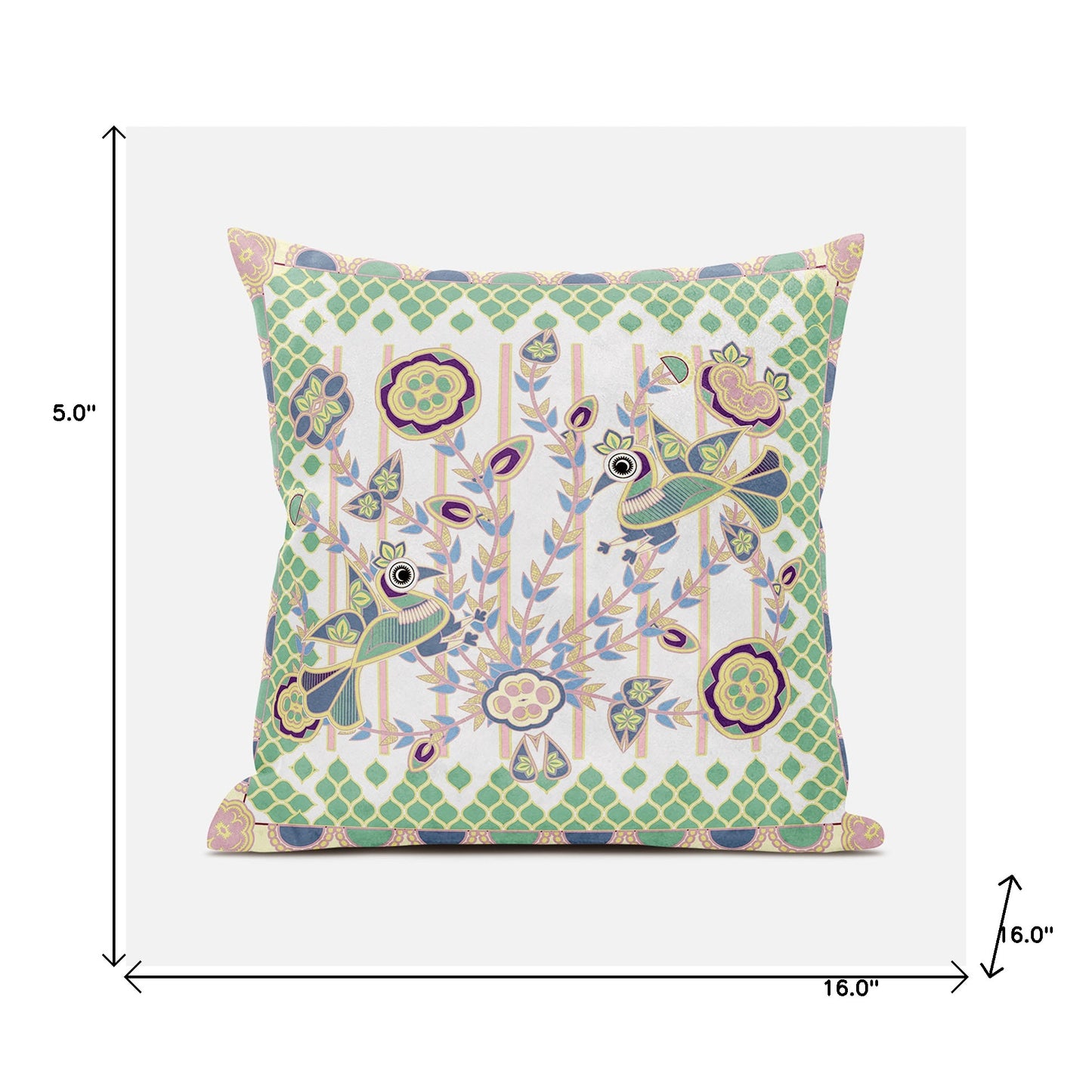 16" X 16" Green and Yellow Peacock Broadcloth Floral Zippered Pillow