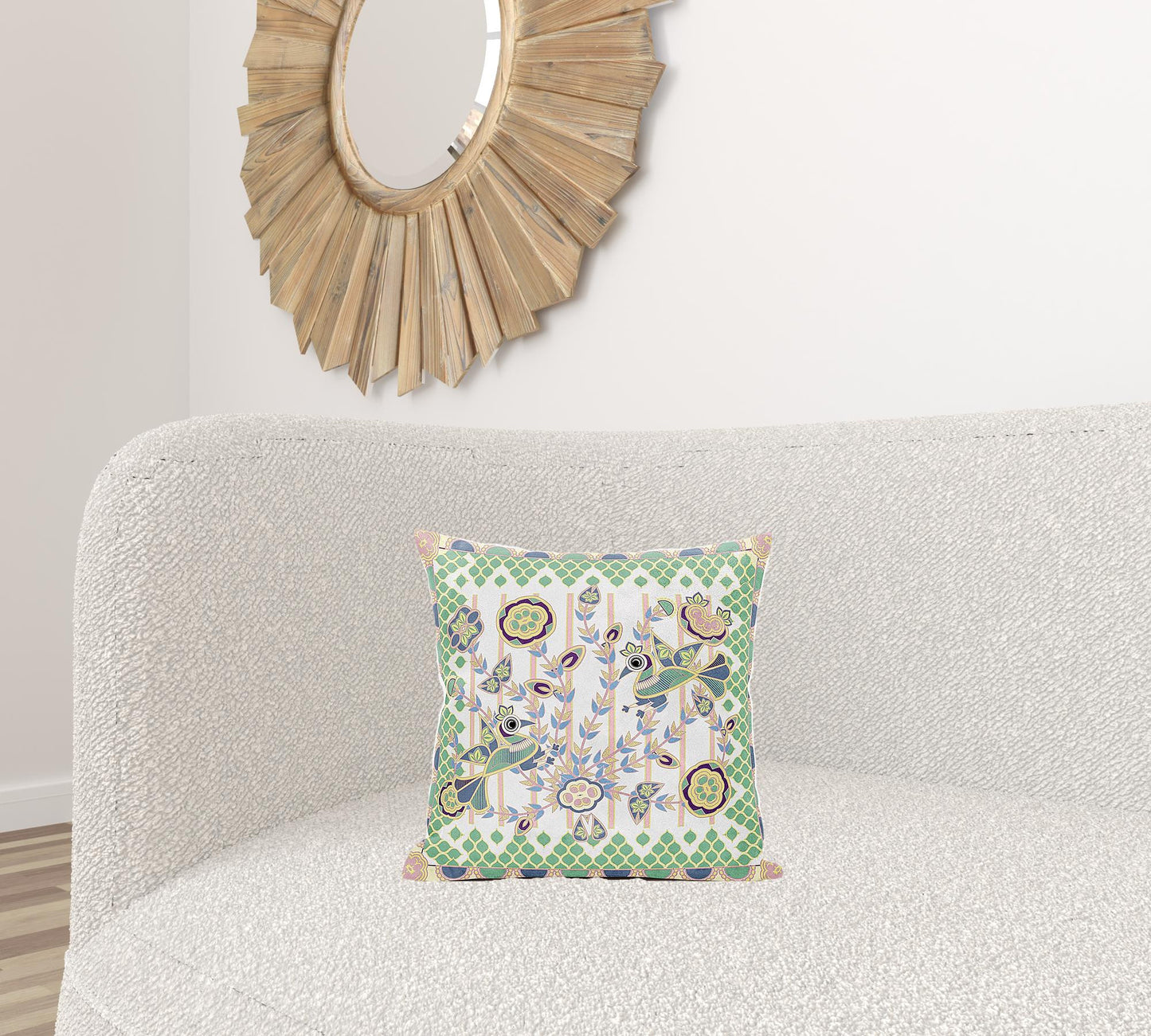 16" X 16" Green and Yellow Peacock Broadcloth Floral Zippered Pillow