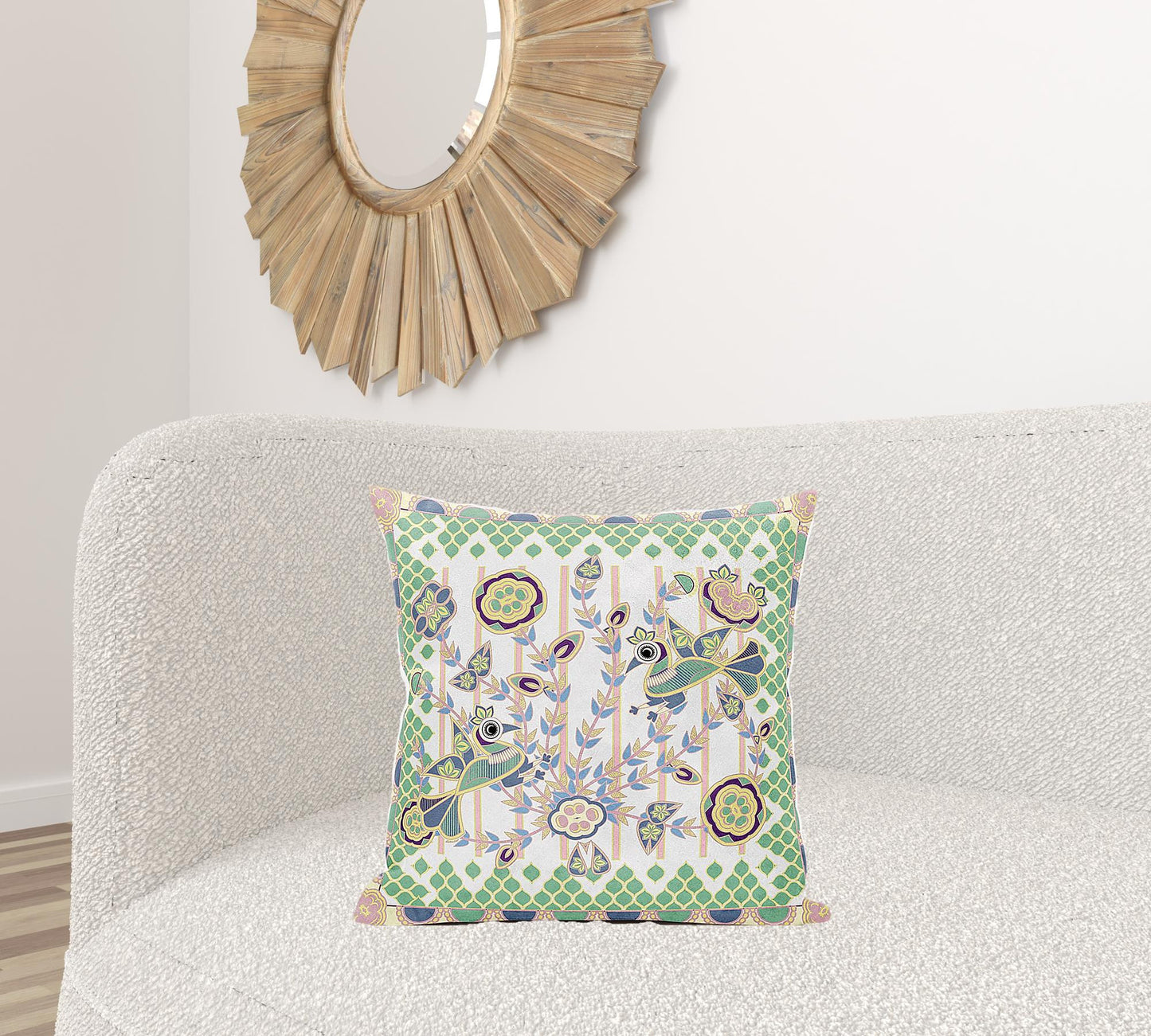 20" X 20" Green and Yellow Peacock Broadcloth Floral Zippered Pillow