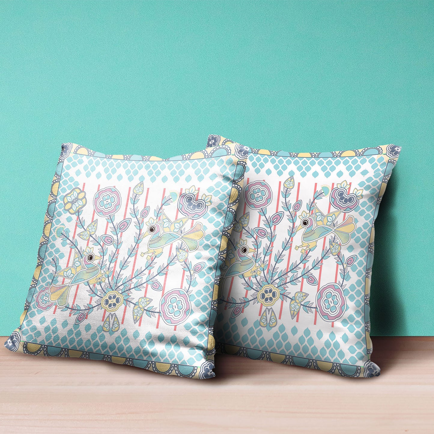 20" X 20" Blue and Yellow Peacock Broadcloth Floral Zippered Pillow