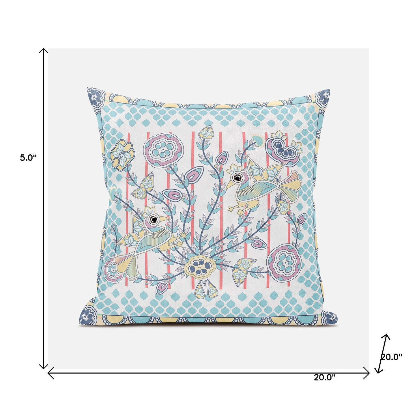 20" X 20" Blue and Yellow Peacock Broadcloth Floral Zippered Pillow