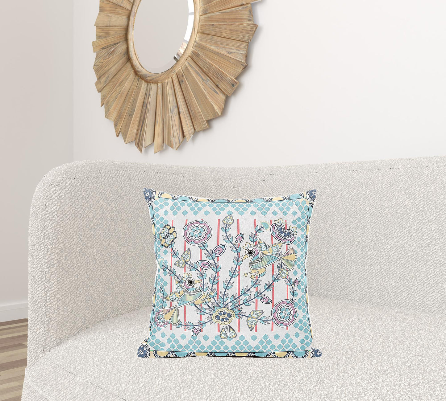 20" X 20" Blue and Yellow Peacock Broadcloth Floral Zippered Pillow