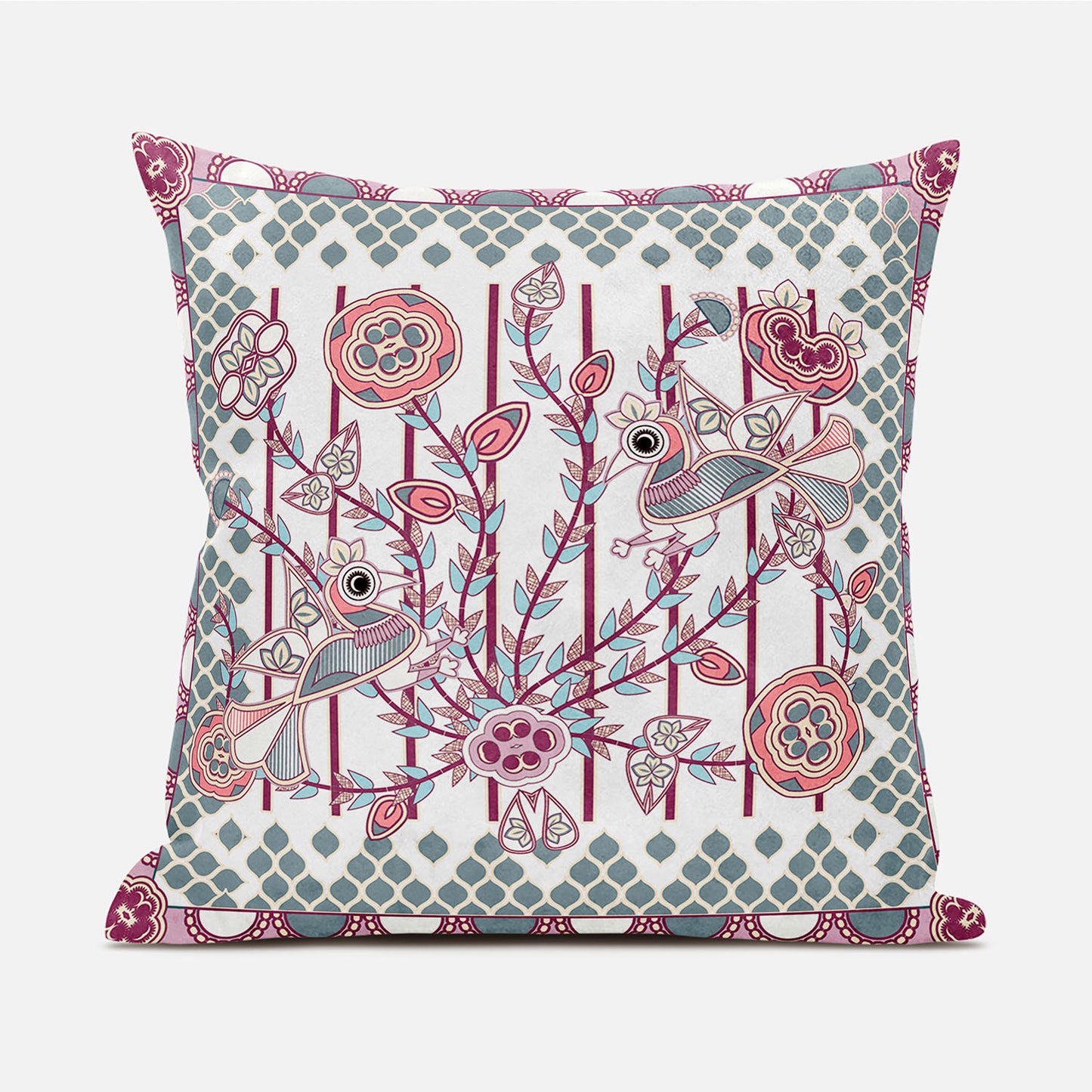 16" X 16" Red and White Peacock Broadcloth Floral Zippered Pillow