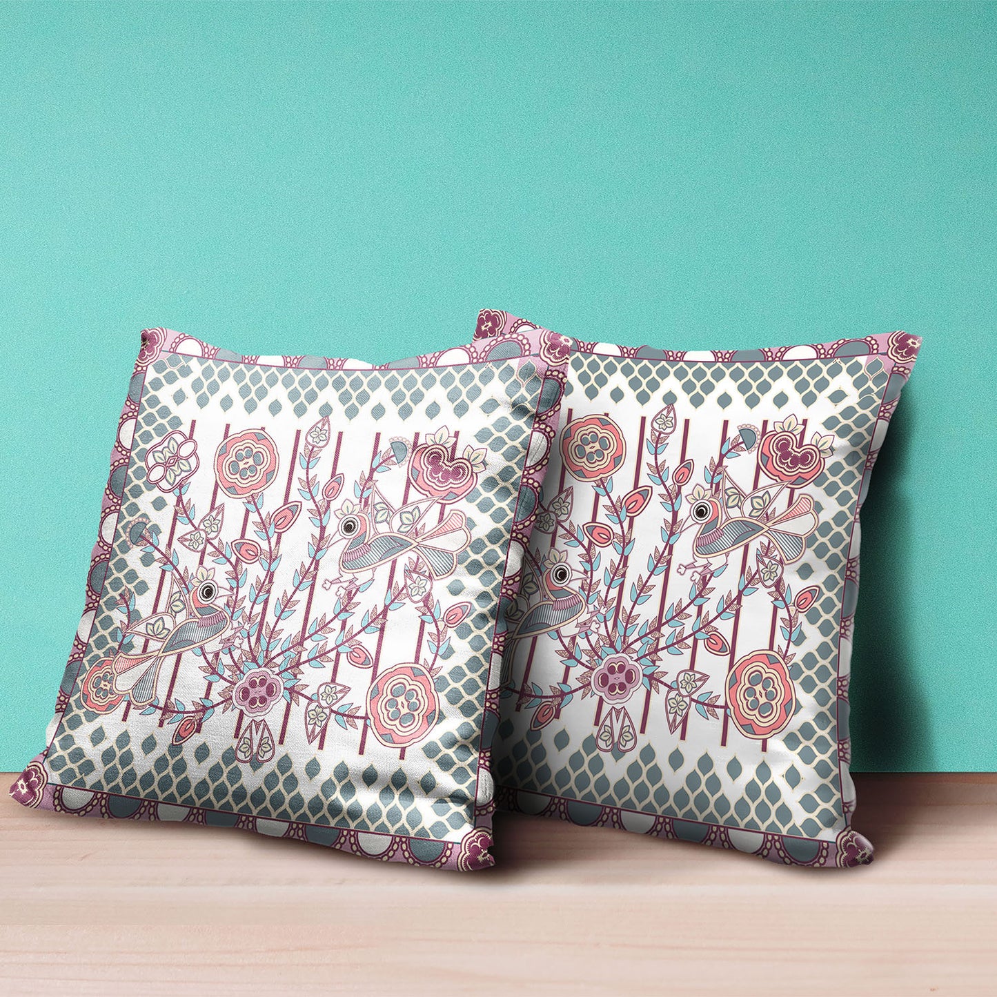 16" X 16" Red and White Peacock Broadcloth Floral Zippered Pillow