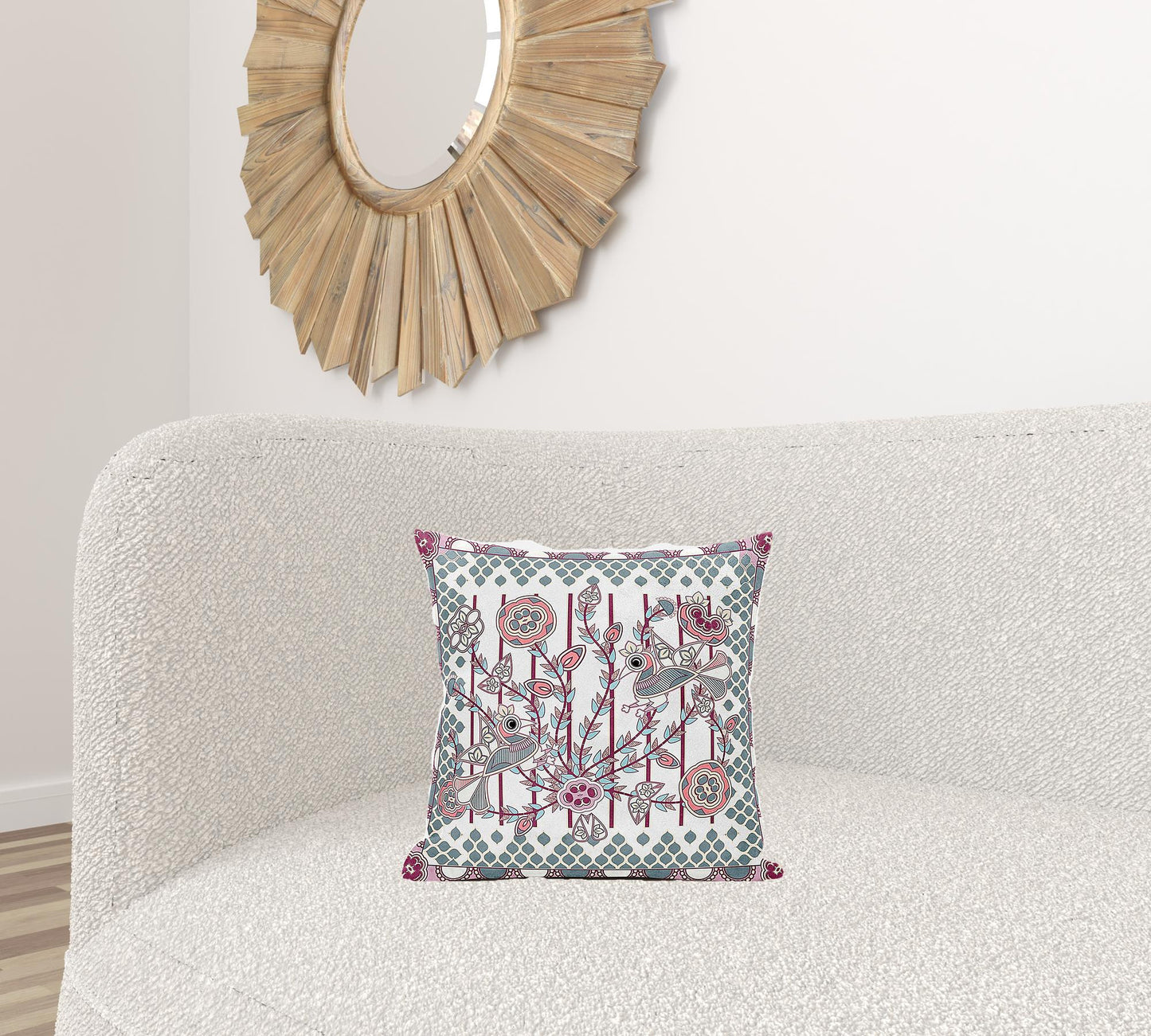 16" X 16" Red and White Peacock Broadcloth Floral Zippered Pillow