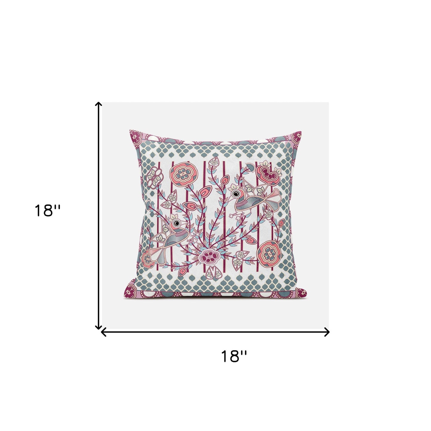 18" X 18" Red and White Peacock Broadcloth Floral Zippered Pillow
